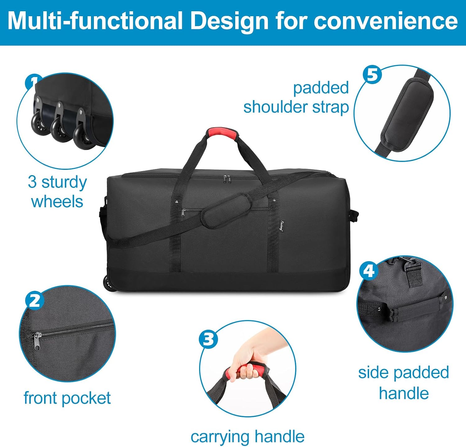 Finnhomy 120L Foldable Rolling Duffel Bag with 3 Wheels, Light Weight Travel Duffel bag with Large Loading Capacity, 32'' Rolling Duffel bag with Shoulder Strap - Image 4