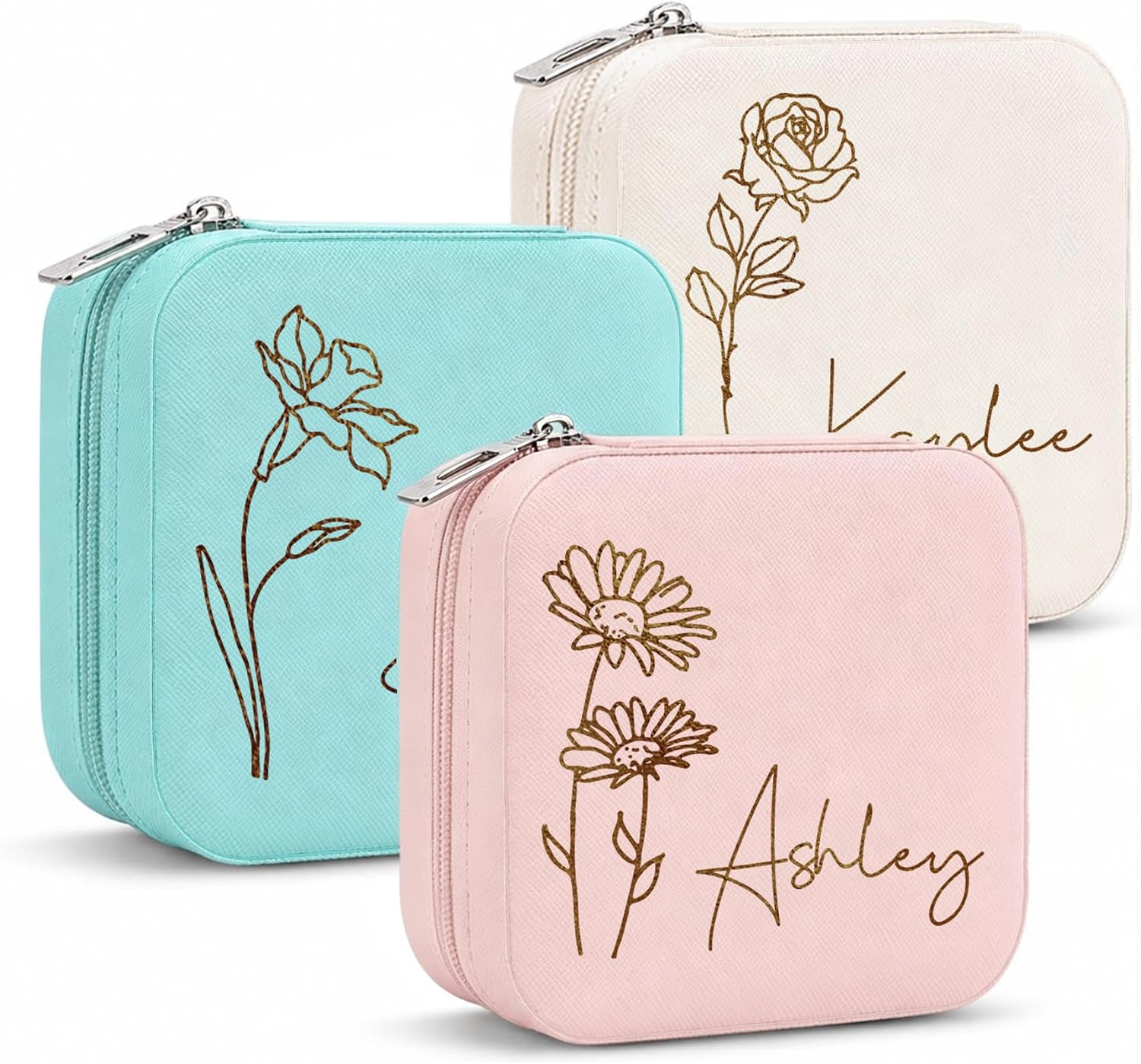 DayOfShe Personalized Travel Jewelry Box with Name and Birth Flower Bridesmaid Gifts Small Gifts for Women Girls,Custom Small Travel Jewelry Case Bulk Mini Gift Box