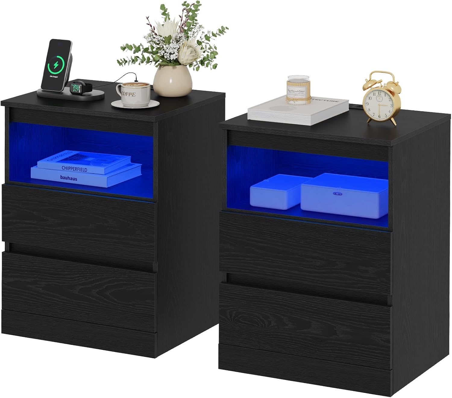 Nightstands Set of 2 with Charging Station, LED Lights and Drawer, Black
