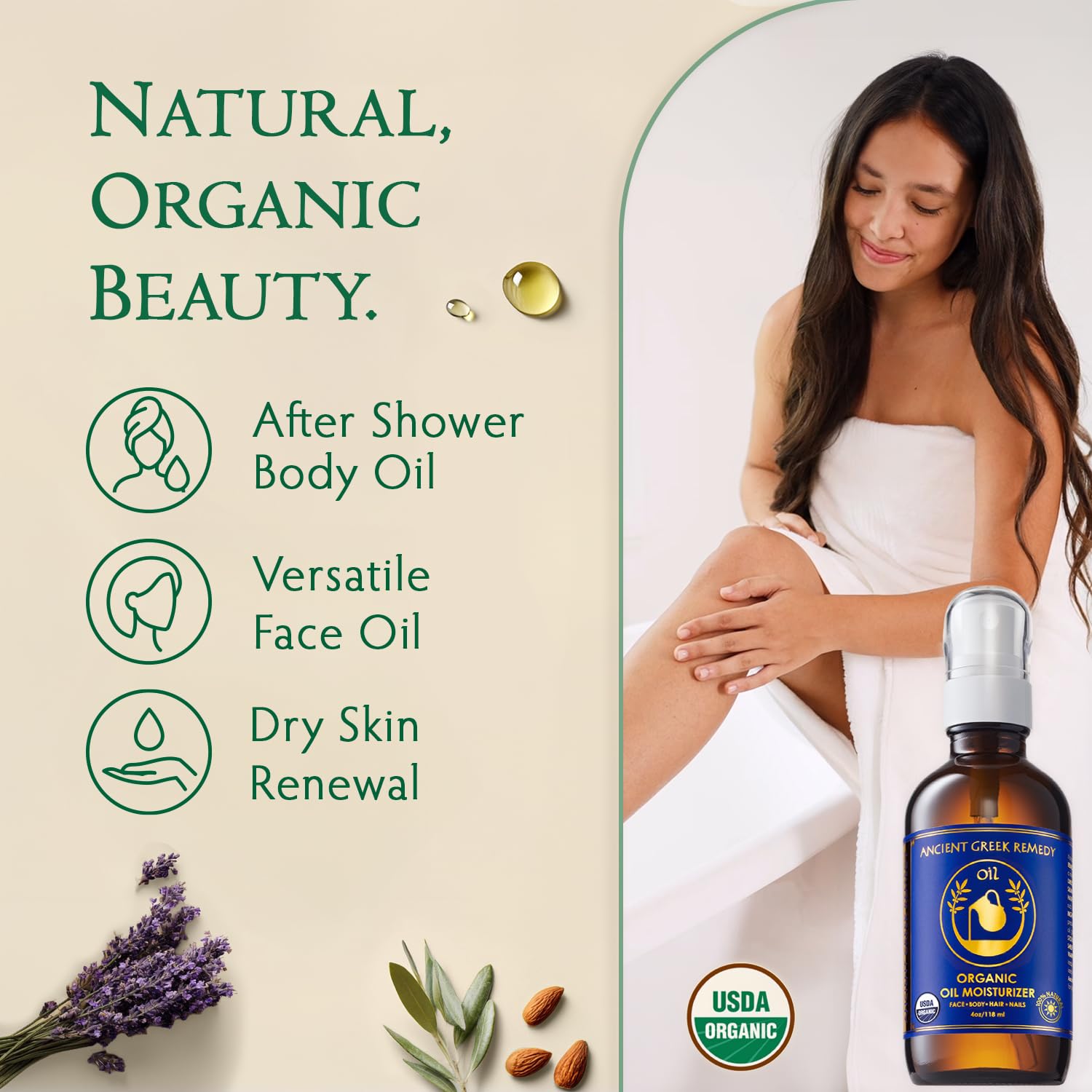 Ancient Greek Remedy Body Oil - Organic After Shower Face Oil & Body Moisturizer for Dry Skin - Almond, Jojoba, Olive, Lavender, Vitamin E Oils - Natural Clean Facial Skincare for Women & Men 4 oz - Image 2