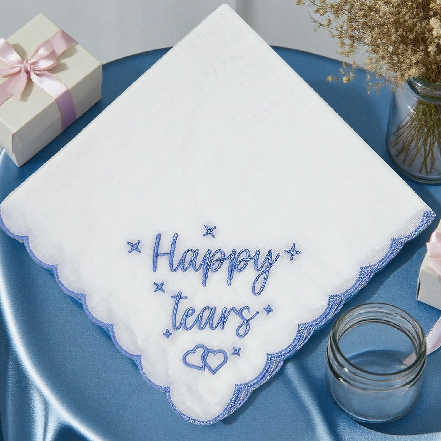 Lamyba Bride Gifts – Something Blue Gift for Bride, Wedding Handkerchief for bride Embroidered Happy Tears Handkerchief - Image 3