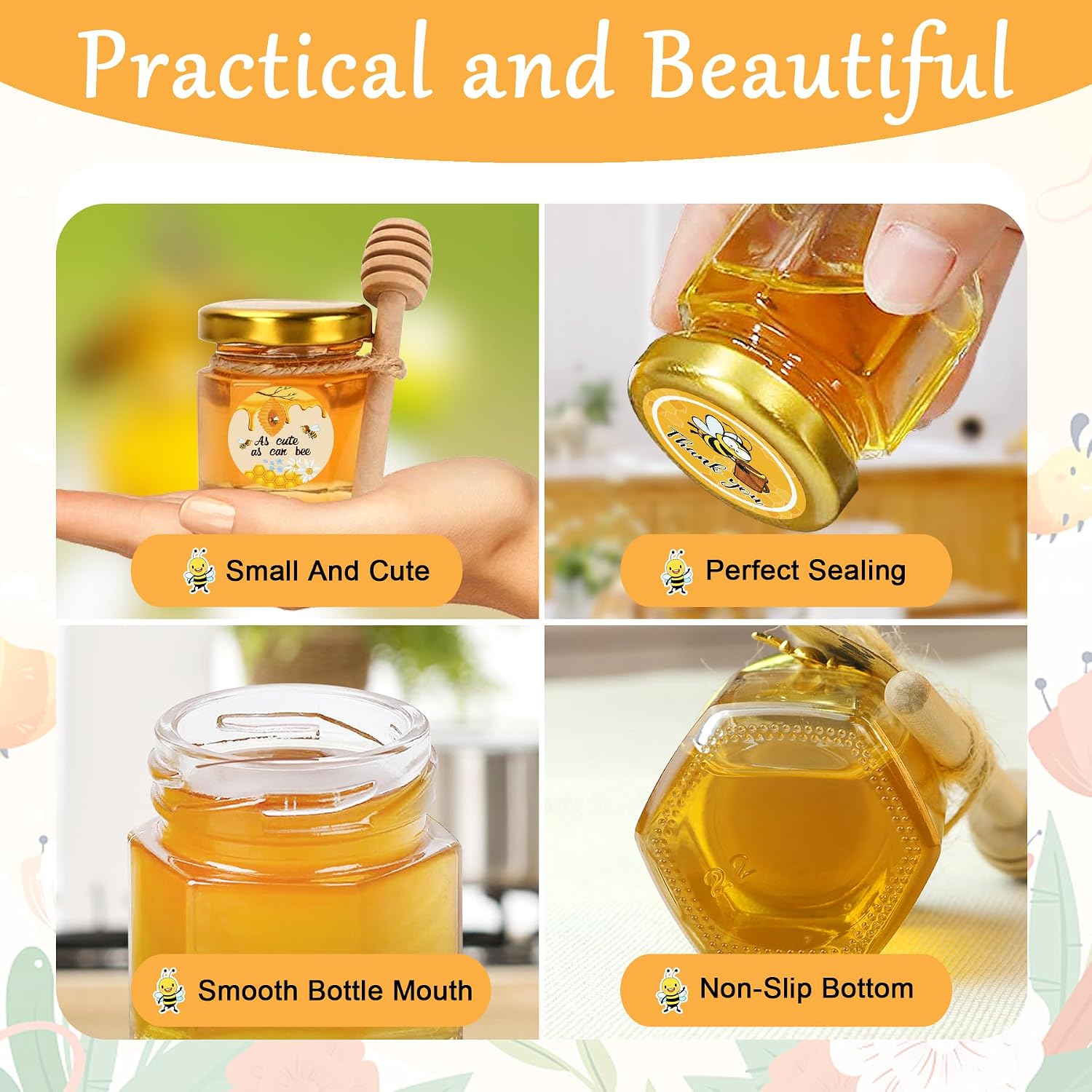 Aliggbent 48 Pack Mini Honey Jars Party Favors in Bulk, 1.5 oz Small Hexagon Glass Honey Jars with Dippers, Lids, Cute Stickers, Bee Charms, Gift Bags and Jute for Baby Showers, Weddings & Birthdays - Image 4