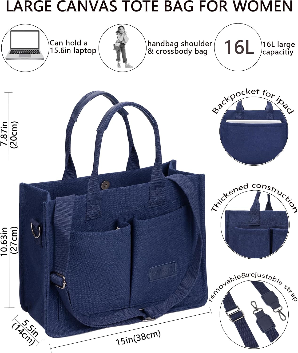 ZHMO Canvas Tote Bag for Women,Women's Bags Crossbody Bags Work Laptop Tote Bag Large Handbags Purse for Travel Nurse Teacher - Image 3