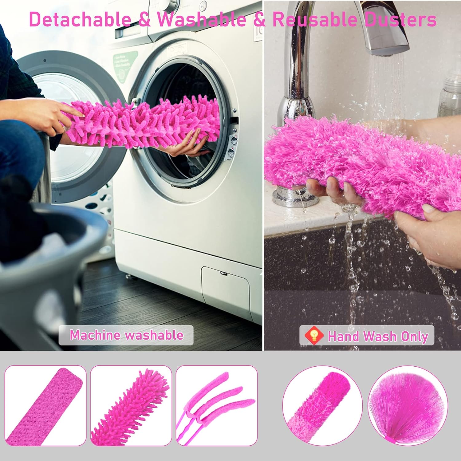 ThinkLearn Microfiber Dusters for Cleaning,14PCS Feather Dusters with Extension Pole,Bendable Washable and Extendable Duster for High Ceilings, Fans and Blinds House Cleaning Kit Pink Gift for Women - Image 6