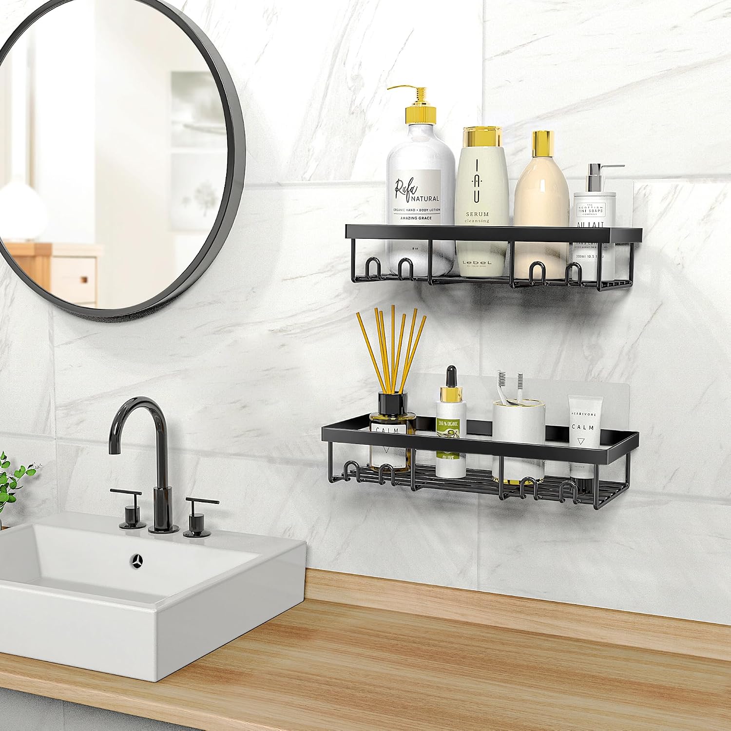 Moforoco Shower Caddy Shelf Organizer Rack, Self Adhesive Black Bathroom Shelves Basket, Home Farmhouse Wall Inside Organization and Storage Decor Rv Accessories, First Camper Apartment Essentials - Image 7