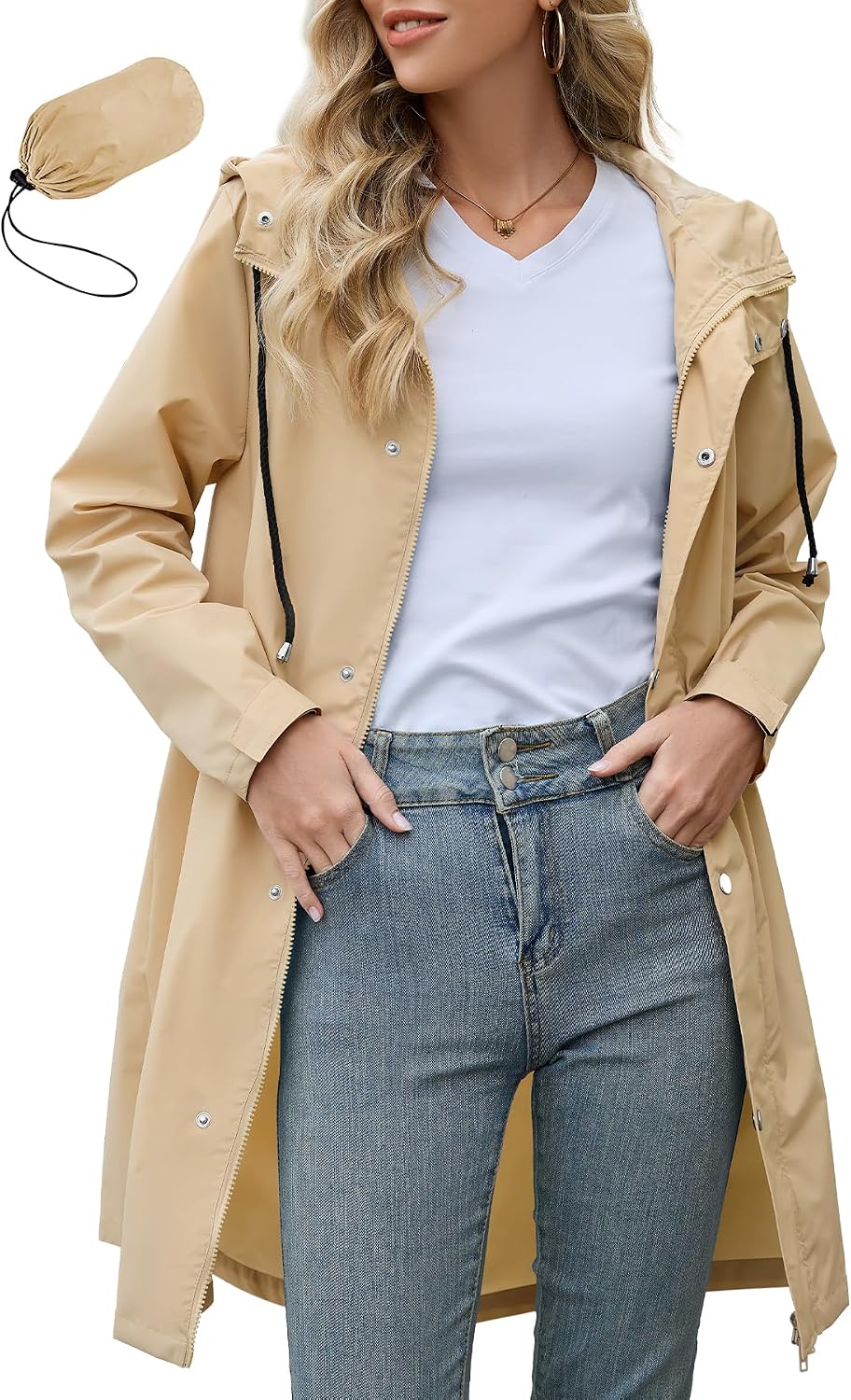 Zando Long Packable Rain Jacket Women Waterproof Raincoat with Hood
