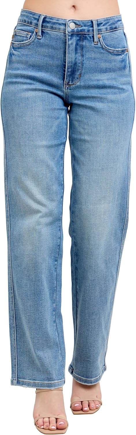 Judy Blue Womens Jeans - Mid Rise Petite Tummy Control Vintage Wash Straight