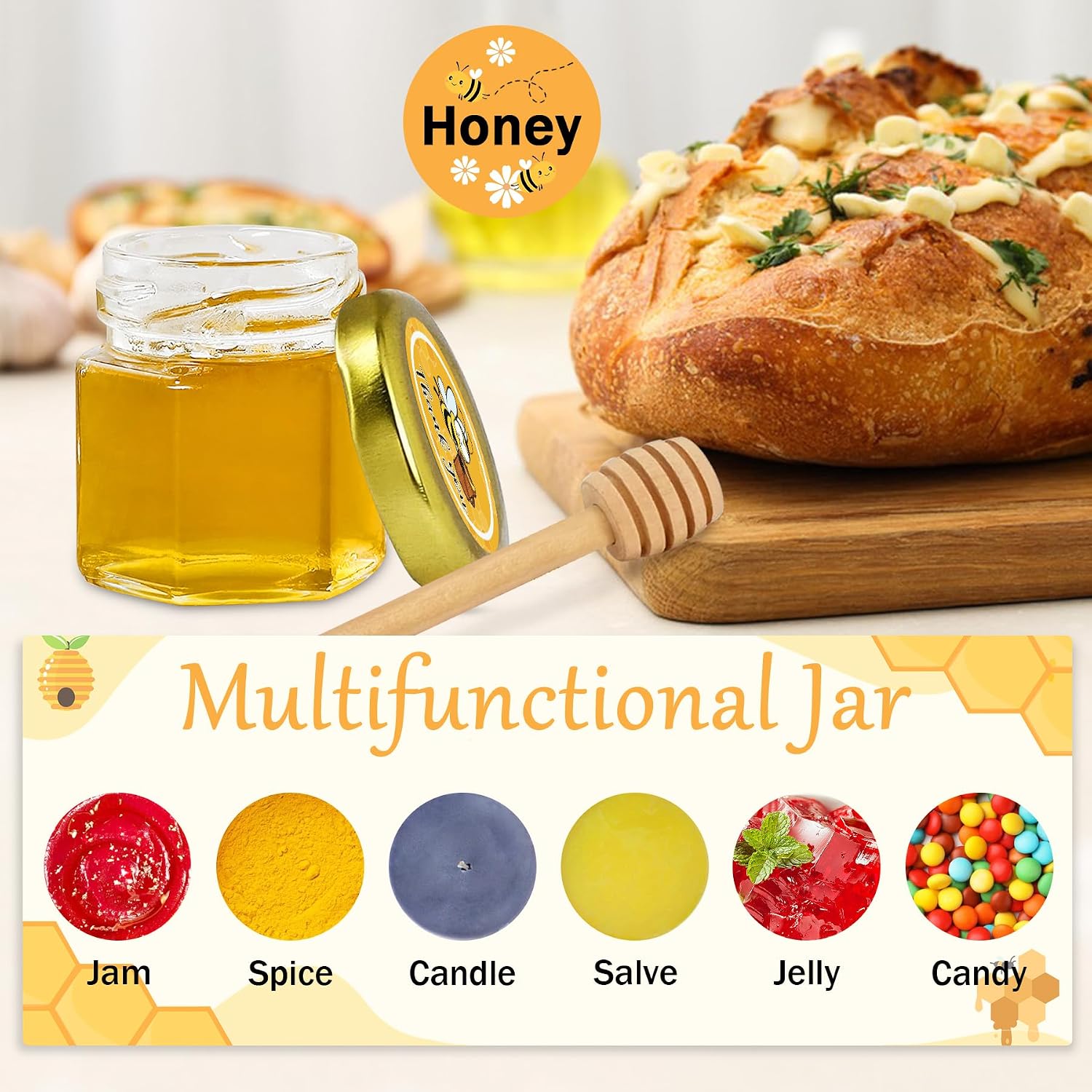 Aliggbent 48 Pack Mini Honey Jars Party Favors in Bulk, 1.5 oz Small Hexagon Glass Honey Jars with Dippers, Lids, Cute Stickers, Bee Charms, Gift Bags and Jute for Baby Showers, Weddings & Birthdays - Image 5