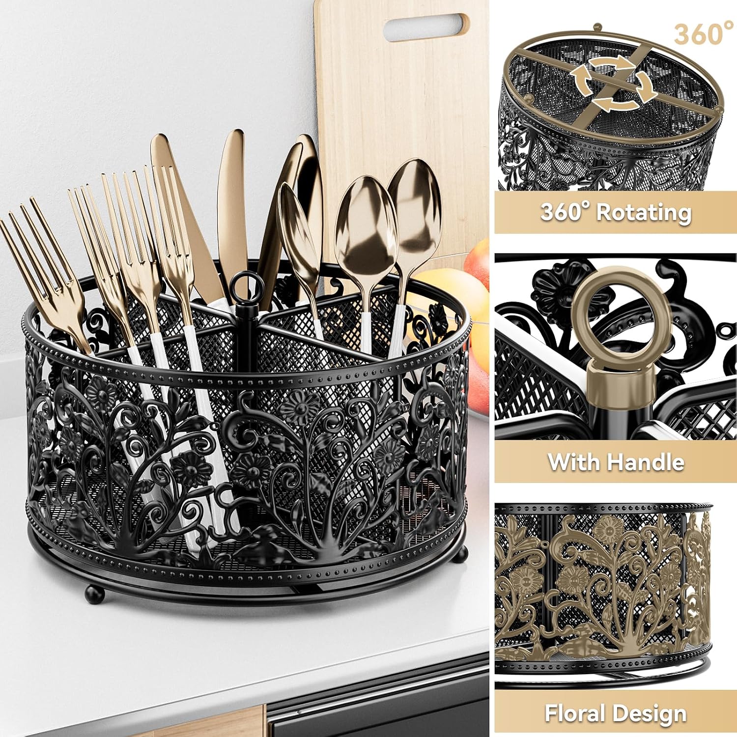YIUKEA 360° Rotating Flatware Caddy - 4 Compartments Metal Mesh - Image 5