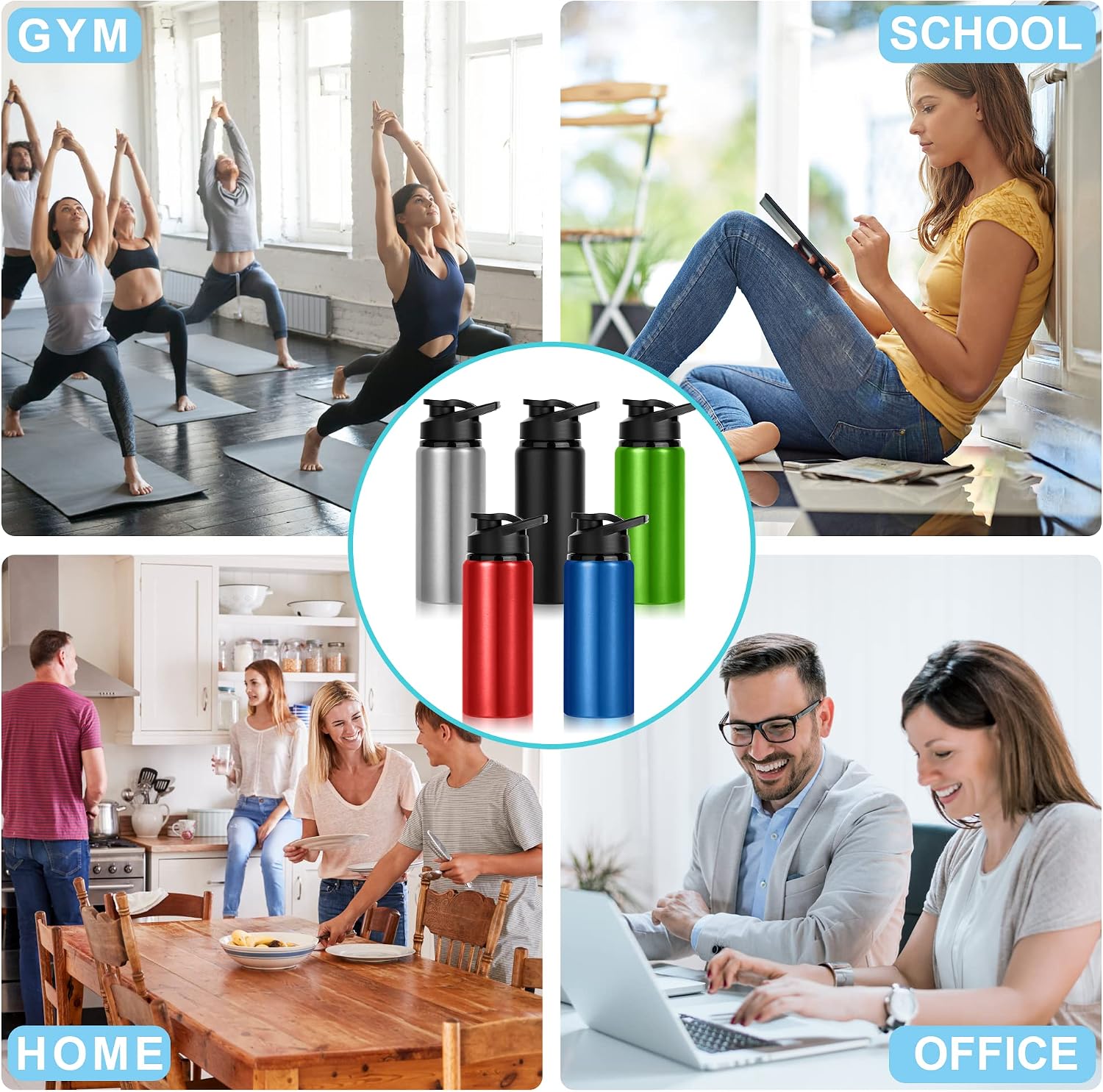 10 Pack Water Bottles Bulk, 20oz Sports Aluminum Water Bottle with Snap Lids Metal Reusable Leak proof Personalized Bottle for Travel Camping Gym Hiking Fishing(Black) - Image 6