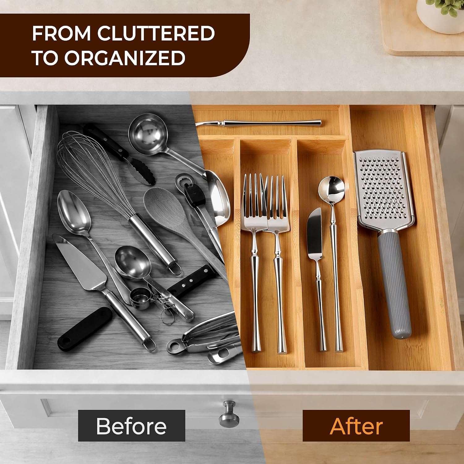Expandable Bamboo Kitchen Drawer Organizer for Cutlery and Utensils, Adjustable Bamboo Wood Cutlery Tray in Drawer for Flatware and Silverware in Kitchen, (Natural) - Image 6