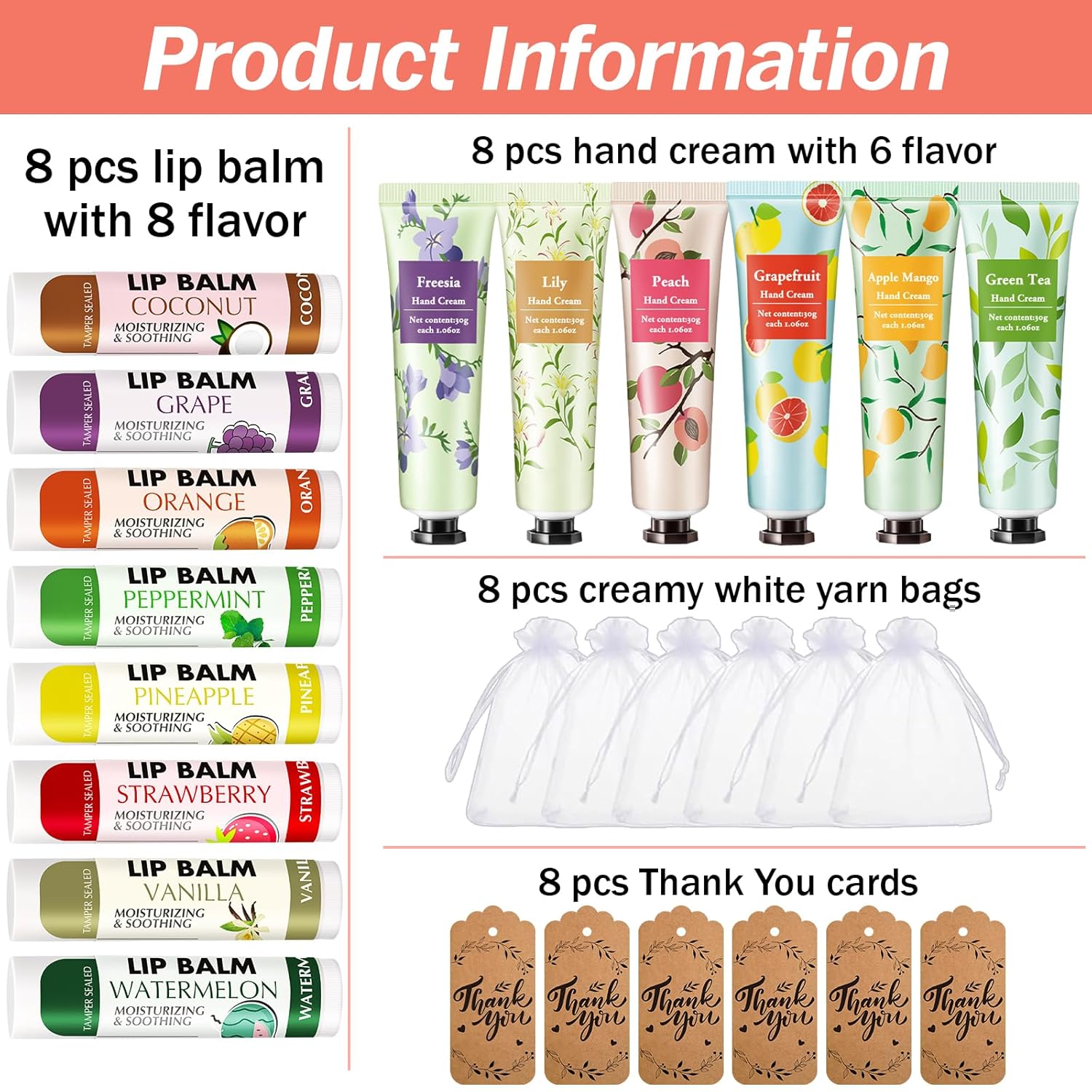 AZEN 8 Sets Bulk Gifts, Hand Cream and Lip Balm Bulk Set with Organza Bag Thank You Card, Baby Shower Wedding Gifts for Guests, Bridal Wedding Favors for Guests,Thank You Gift for Women - Image 2