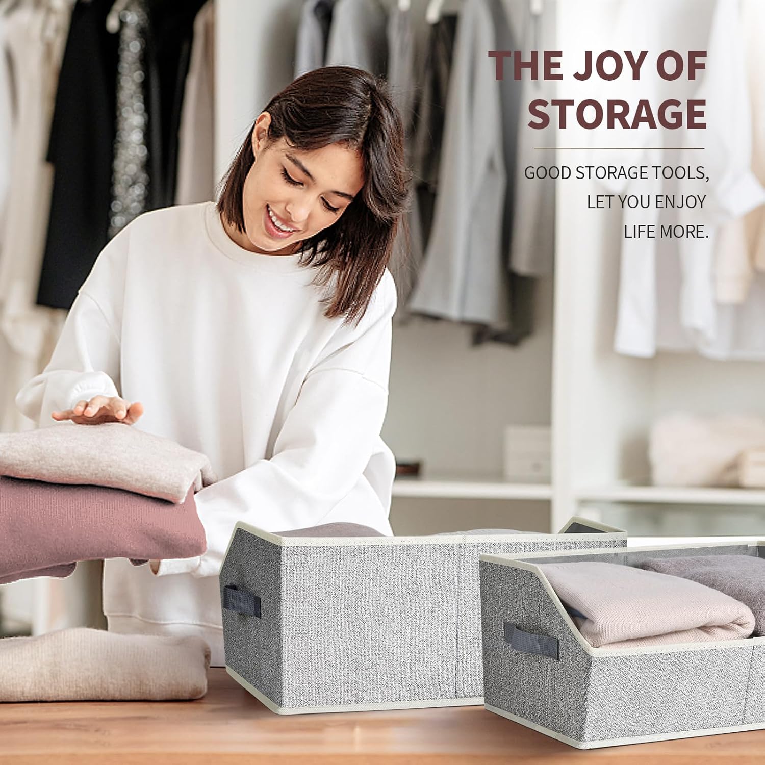 Homsorout Closet Organizers Bins 6 Packs - Large Closet Shelf Organizer with Handles, Fabric Trapezoid Storage Bins, Collapsible Storage Cubes for Clothes, Towels, Light Gray - Image 4