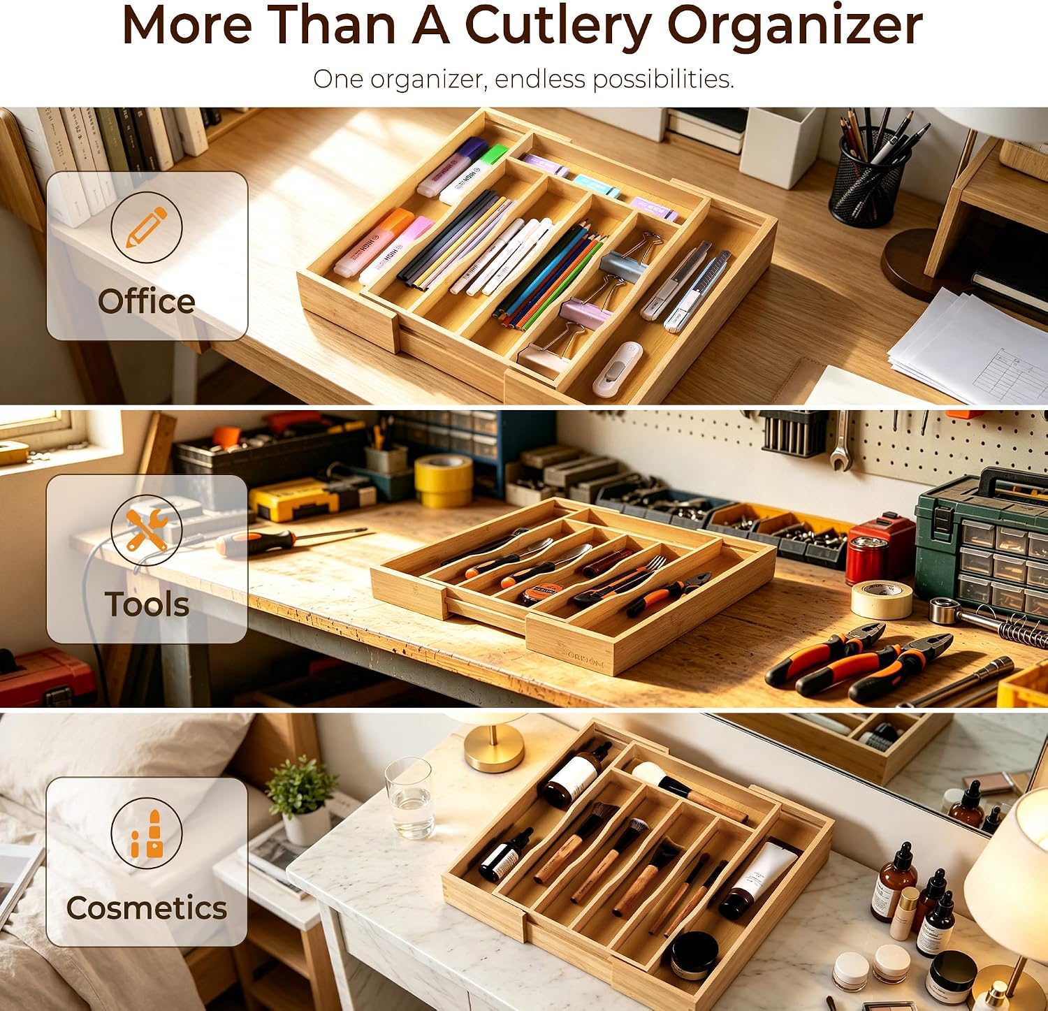 Expandable Bamboo Kitchen Drawer Organizer for Cutlery and Utensils, Adjustable Bamboo Wood Cutlery Tray in Drawer for Flatware and Silverware in Kitchen, (Natural) - Image 8