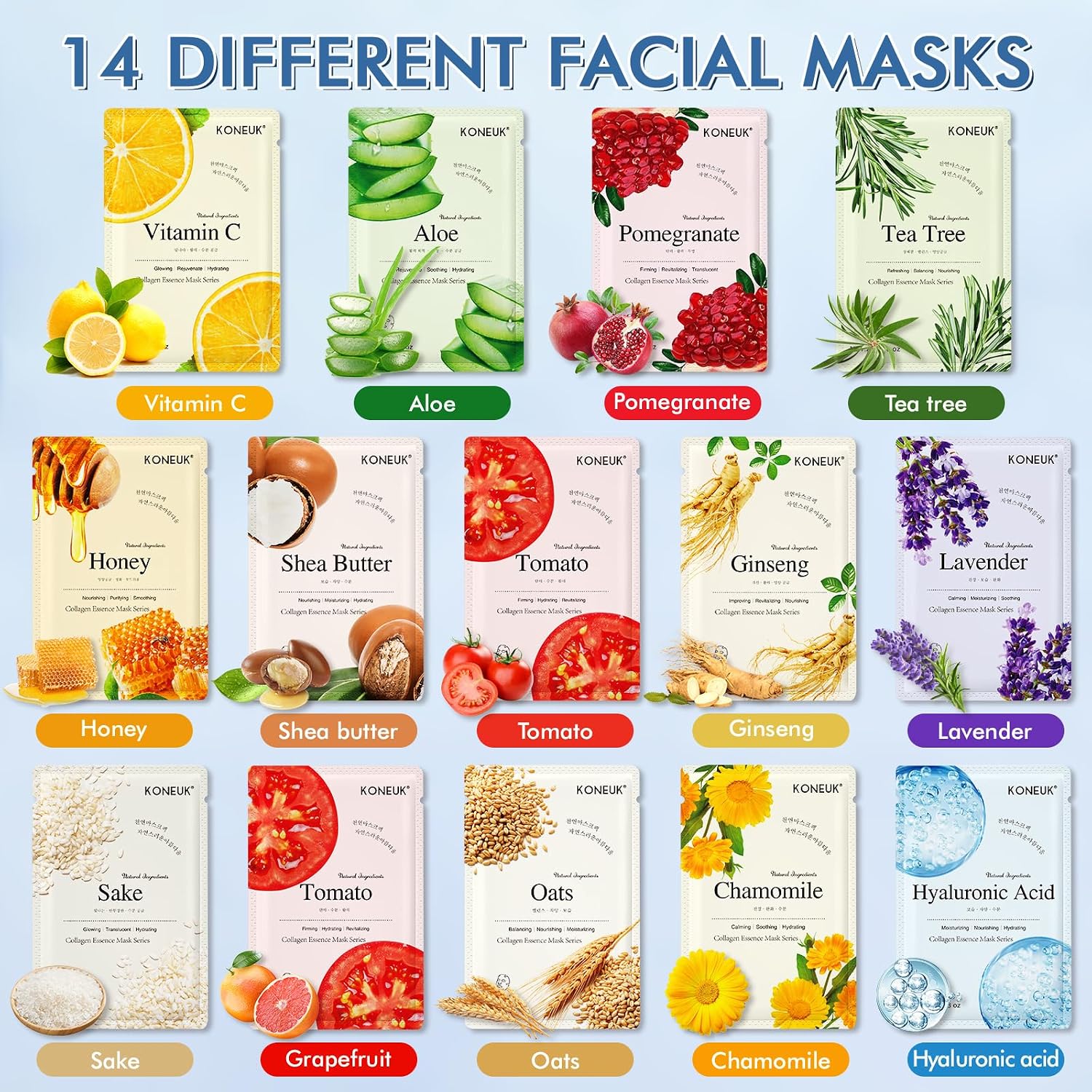 KONEUK 14 Pack Sheet Face Masks Skincare, Hydrating Face Masks for Dry Skin - Image 3