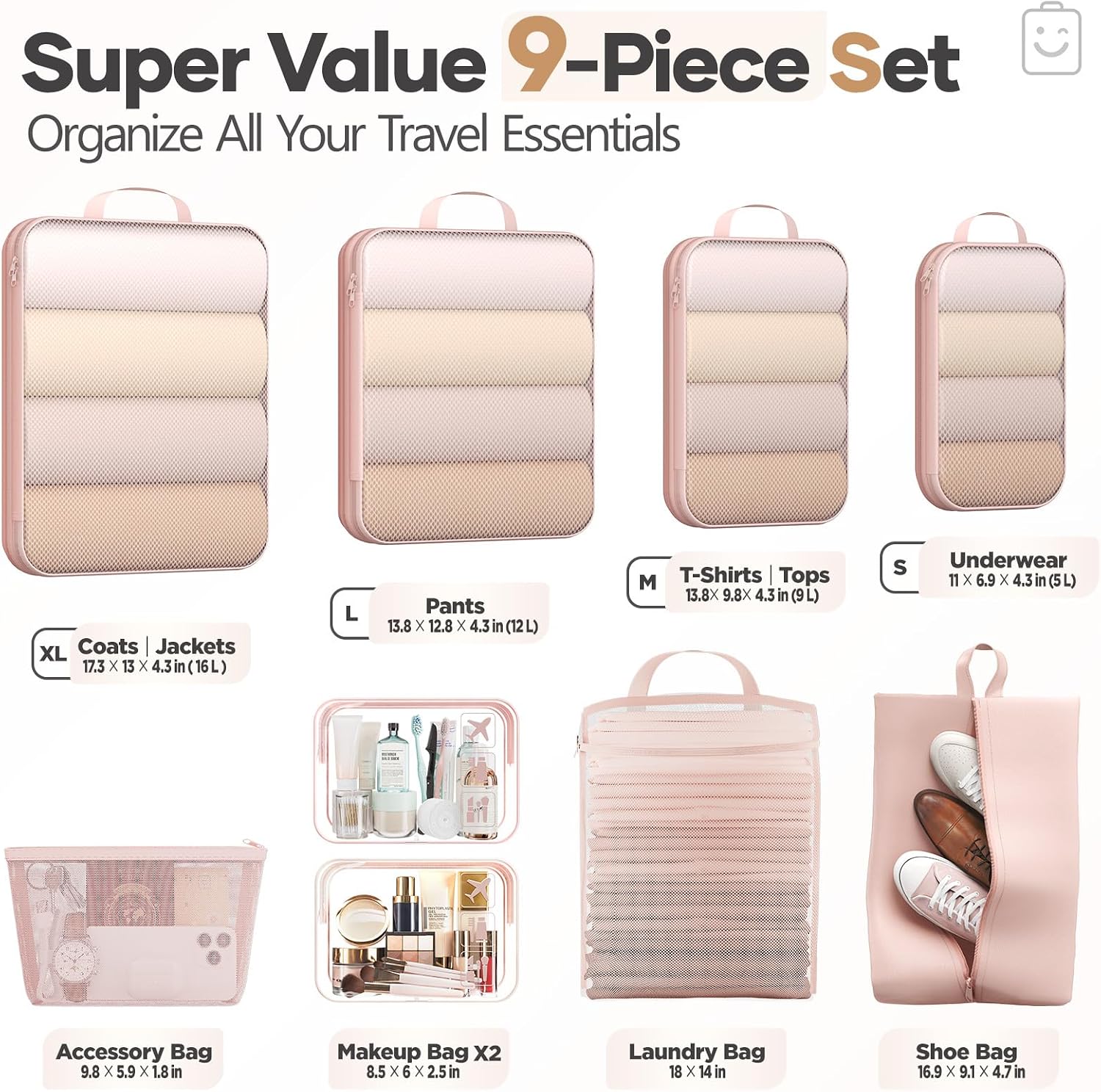 Veken 9/11 Set Compression Packing Cubes for Cruise Travel Essentials,Compressible Expandable Luggage Suitcase Organizer Bags for Clothing,Space Saver Bags with Over 1000 pcs of Mesh Holes(Beige) - Image 2