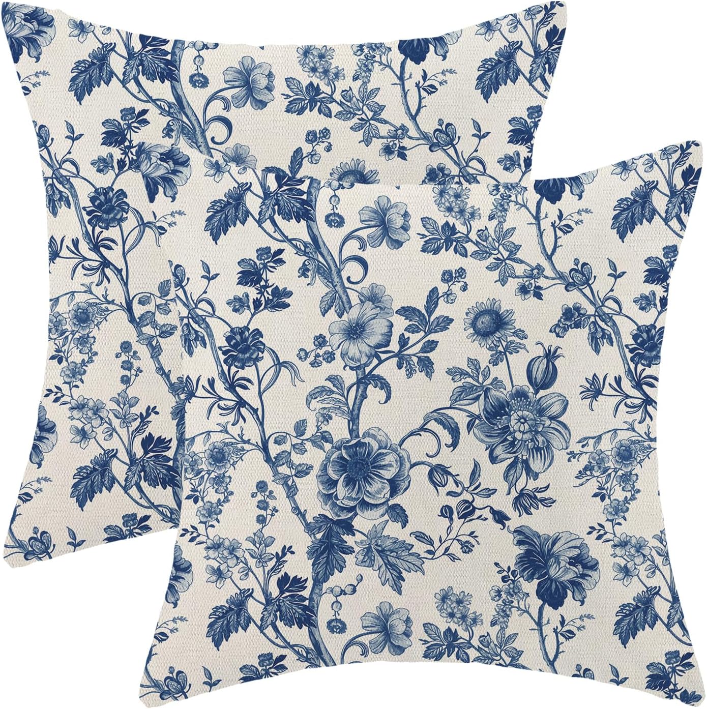 Blue Floral Pillow Covers 18x18 Inch Set of 2 Vintage Navy Blue Floral Throw Pillows Spring Summer Flower Pillowcase Linen Outdoor Decorative Cushion Covers for Bed Sofa Couch