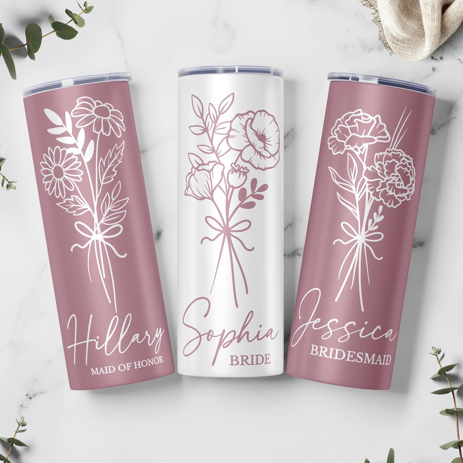 Personalized Single Bridesmaid Tumbler with Birth Flower & Name, Custom 20oz Skinny Stainless Steel Cup with Straw, Bridal Party Favors, Maid of Honor Bachelorette Gift - Image 2