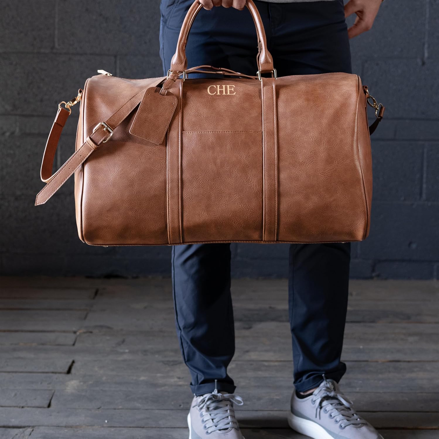 Personalized Vegan Leather Duffel Bag, Custom Monogrammed Weekender, 37L, Brown or Black, Groomsmen Gift (Brown, Duffle Bag + Dopp Kit) - Image 8