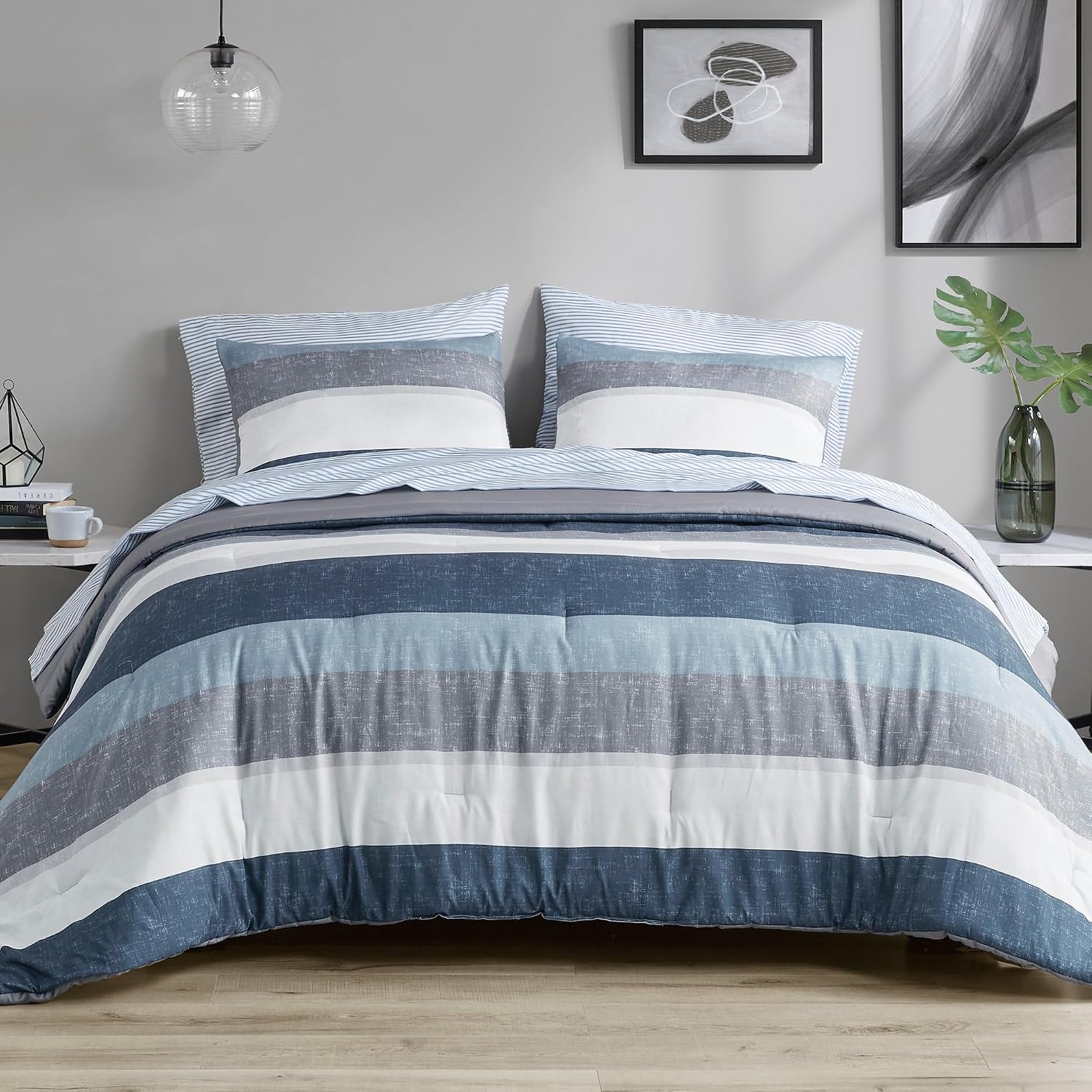Madison Park Essentials Jaxon Bed in a Bag Comforter Set with Sheet, Printed Stripe Design, Modern All Season Bedding and Matching Sham, Queen Blue/Grey 7 Piece