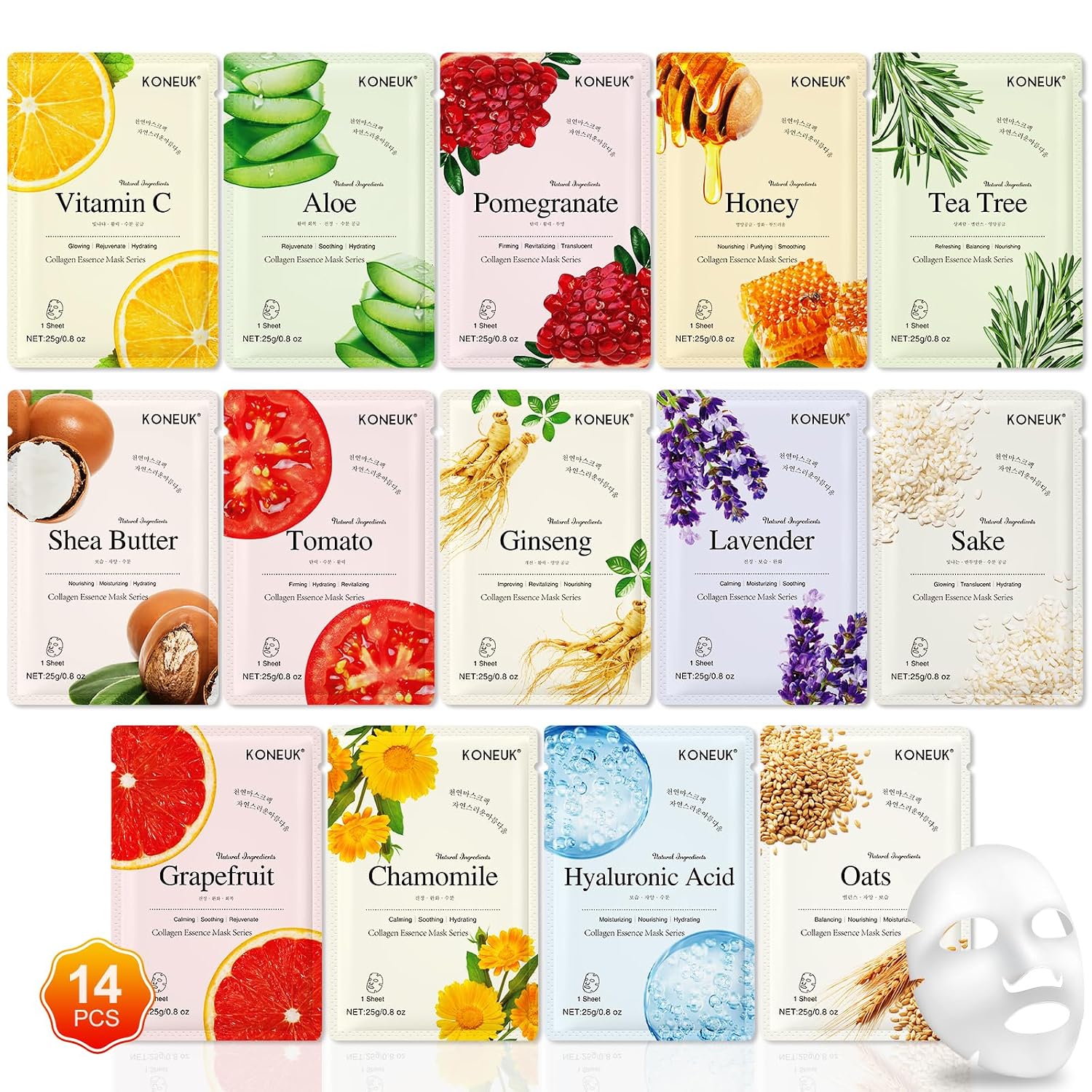 KONEUK 14 Pack Sheet Face Masks Skincare, Hydrating Face Masks for Dry Skin