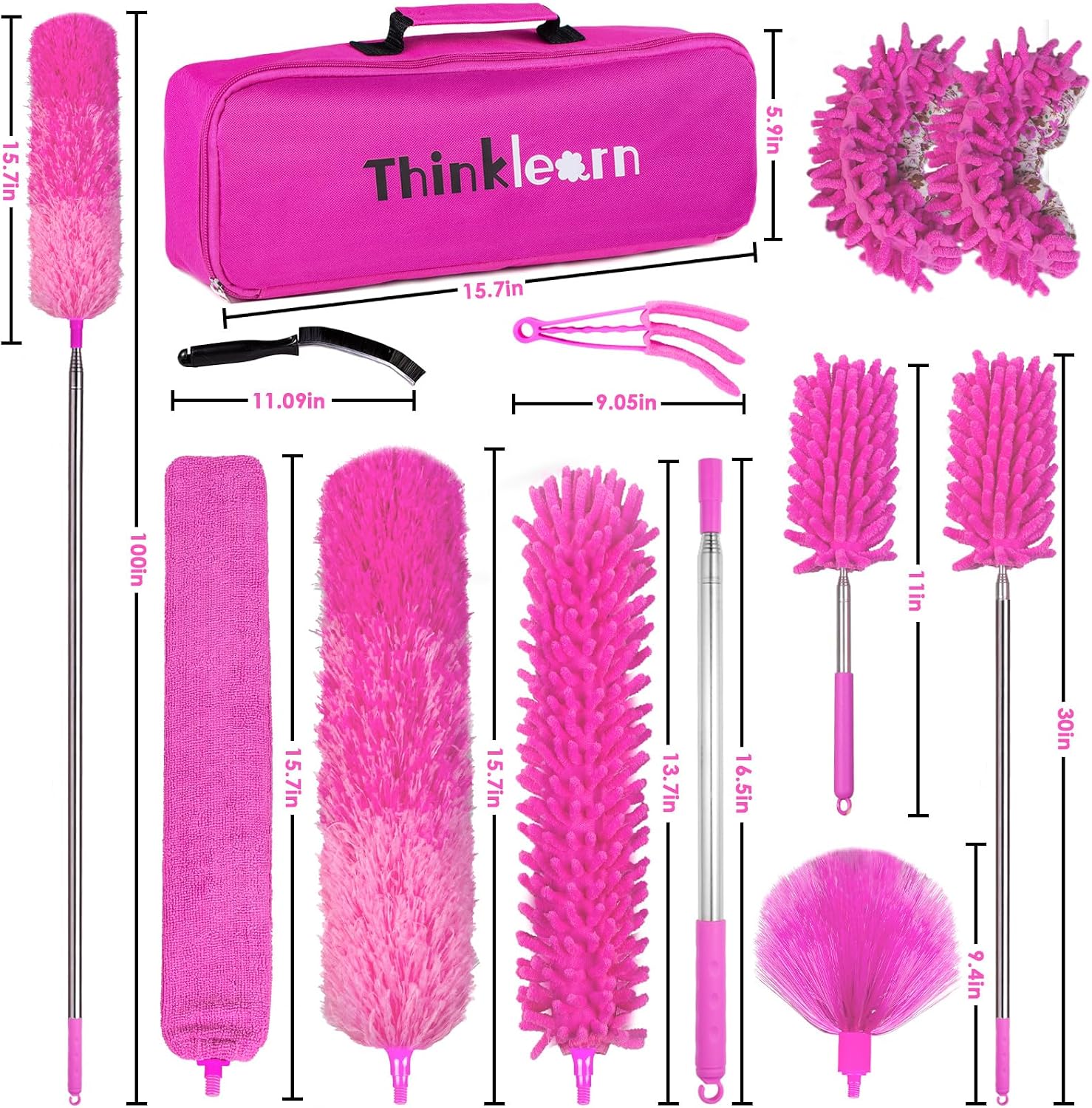 ThinkLearn Microfiber Dusters for Cleaning,14PCS Feather Dusters with Extension Pole,Bendable Washable and Extendable Duster for High Ceilings, Fans and Blinds House Cleaning Kit Pink Gift for Women - Image 7