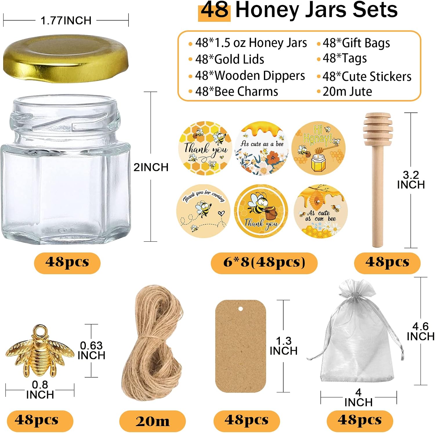 Aliggbent 48 Pack Mini Honey Jars Party Favors in Bulk, 1.5 oz Small Hexagon Glass Honey Jars with Dippers, Lids, Cute Stickers, Bee Charms, Gift Bags and Jute for Baby Showers, Weddings & Birthdays - Image 2