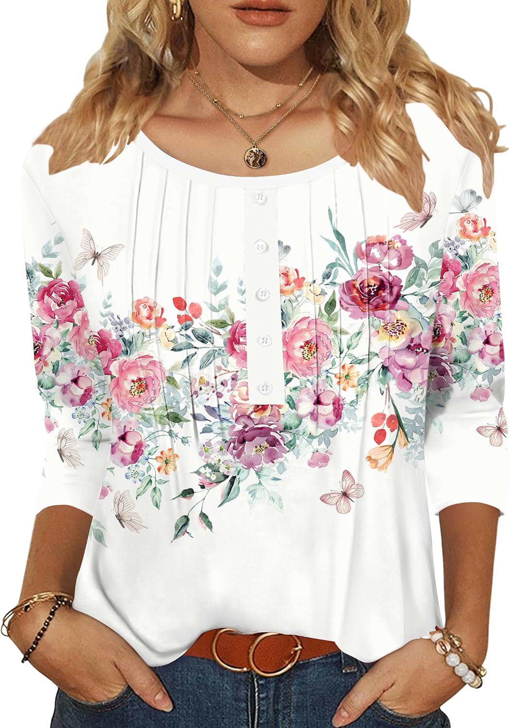 Zeagoo 3/4 Length Sleeve Womens Tops Round Neck Casual Summer Tunic Tops Basic Tees Blouses Dressy T-Shirts Pleated Shirts - Image 2