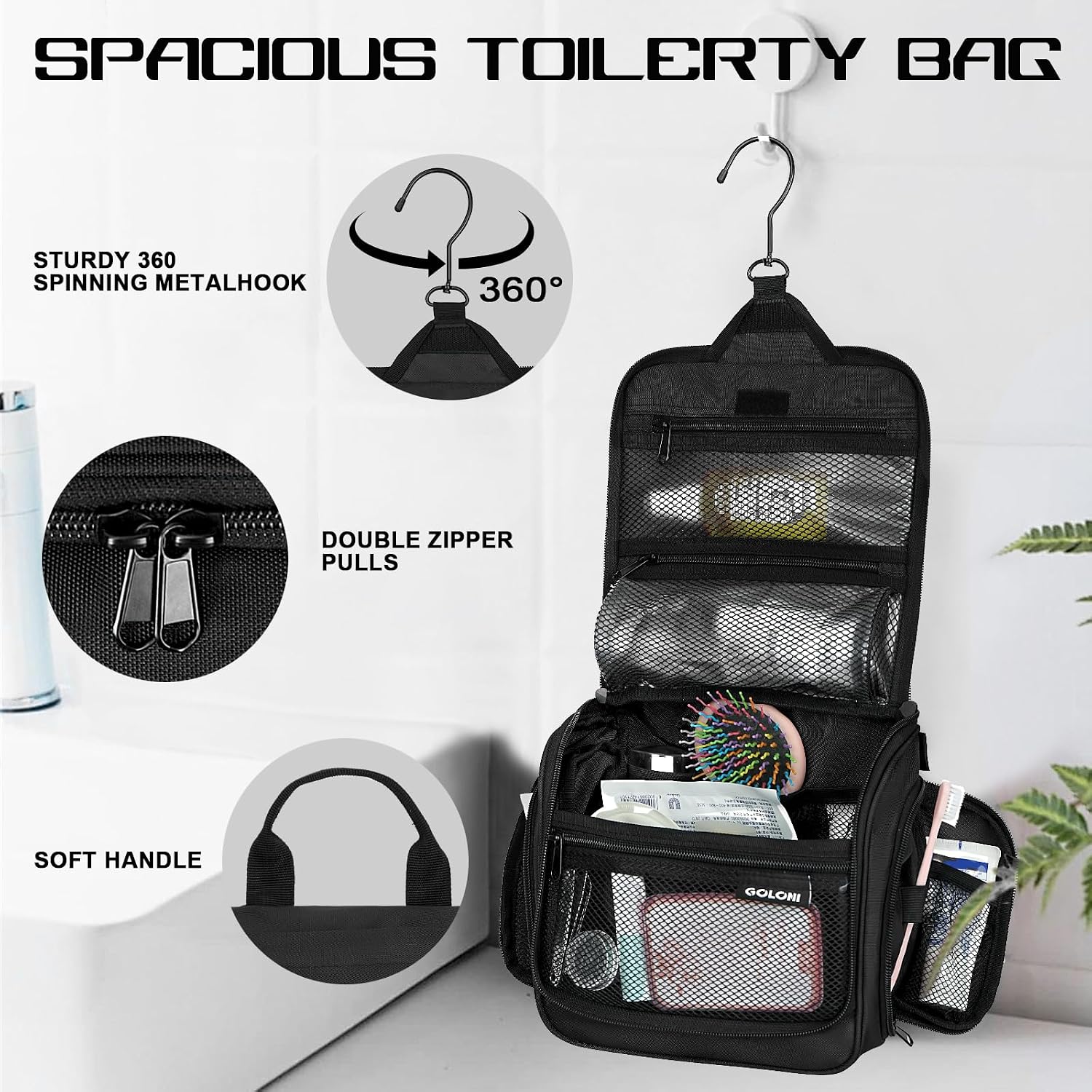 Goloni Hanging Toiletry Bag for Men Women, Water-Resistant Organizer,Black - Image 4