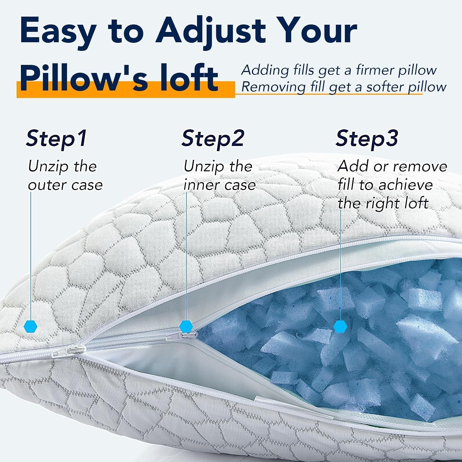 QUTOOL Cooling Pillow for Sleeping, CertiPUR-US Shredded Memory Foam Standard Pillow Set of 1, Cool Pillow for Hot Sleepers Adjustable Firm Pillow for Side,Back,Stomach Sleepers Soft Yet Support,White - Image 9