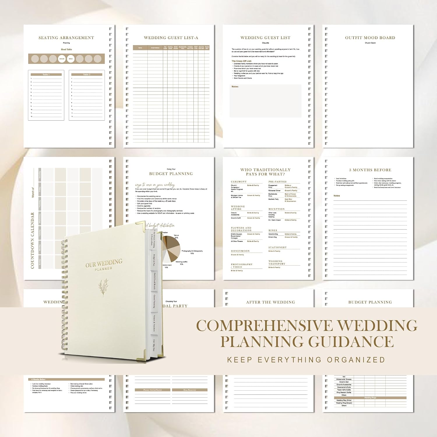 Wedding Planner Book and Organizer for Bride - Elegant Linen Cover Wedding Planning Binder with Checklists,Pockets & Calendars,Perfect Engagement Gifts for Couples(Cream) - Image 7