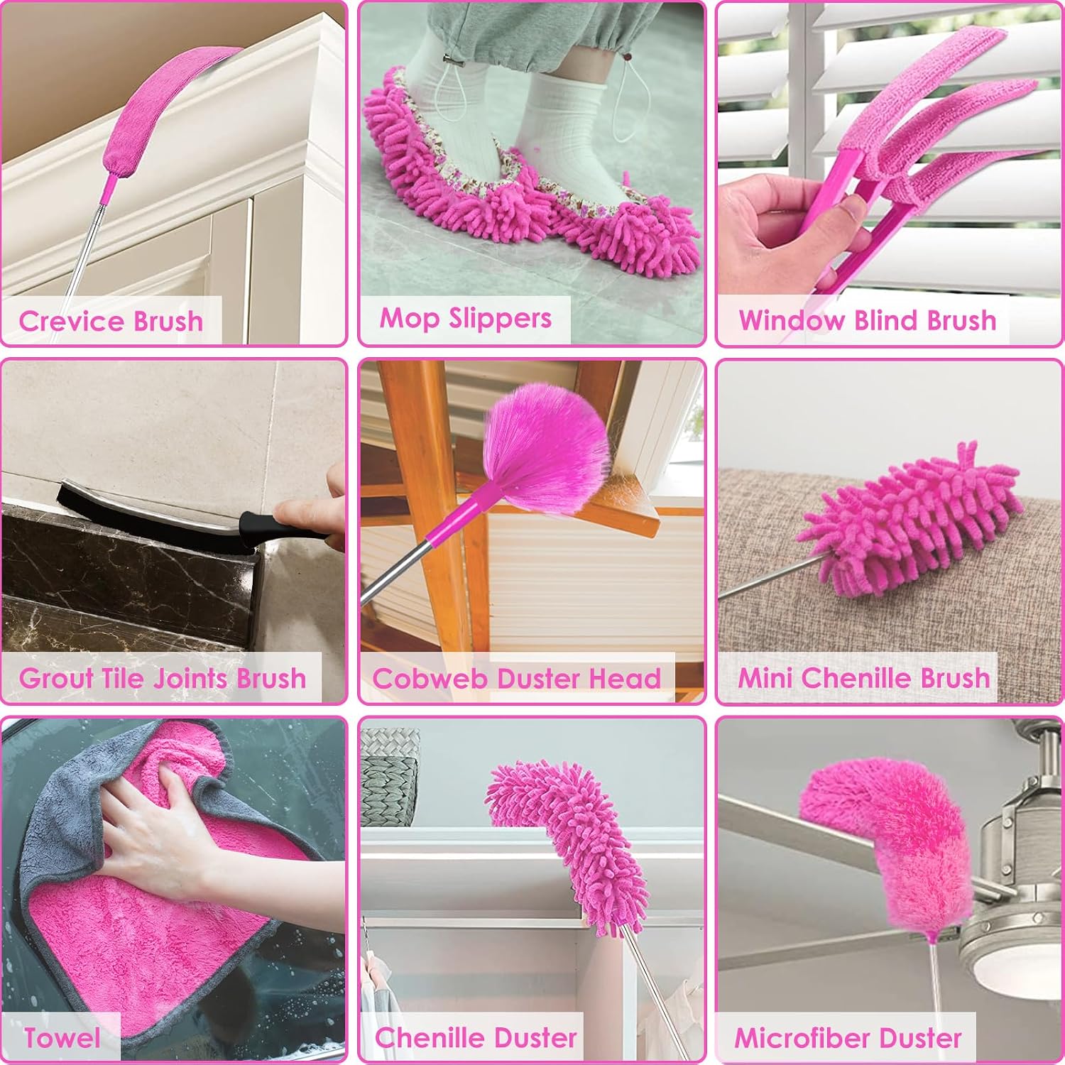 ThinkLearn Microfiber Dusters for Cleaning,14PCS Feather Dusters with Extension Pole,Bendable Washable and Extendable Duster for High Ceilings, Fans and Blinds House Cleaning Kit Pink Gift for Women - Image 8
