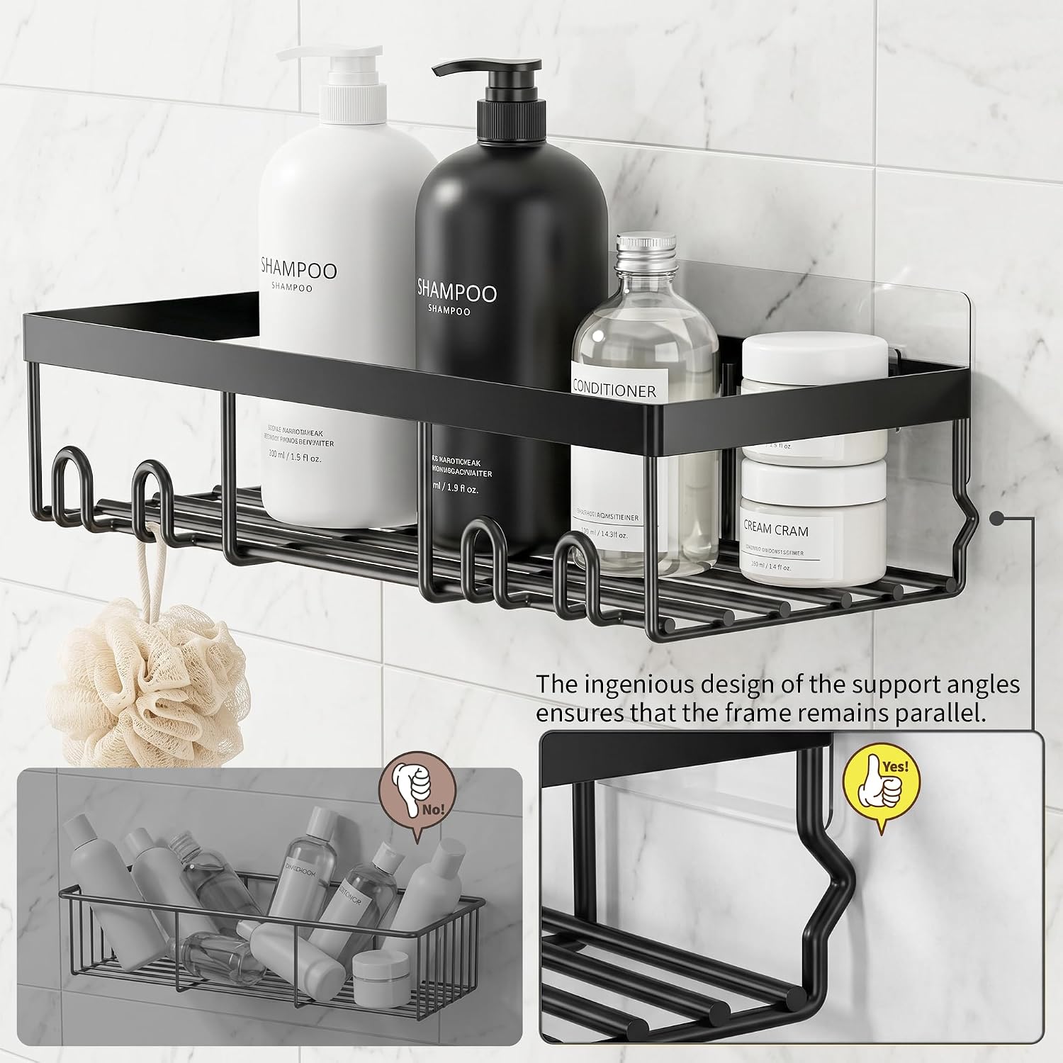 Moforoco Shower Caddy Shelf Organizer Rack, Self Adhesive Black Bathroom Shelves Basket, Home Farmhouse Wall Inside Organization and Storage Decor Rv Accessories, First Camper Apartment Essentials - Image 4