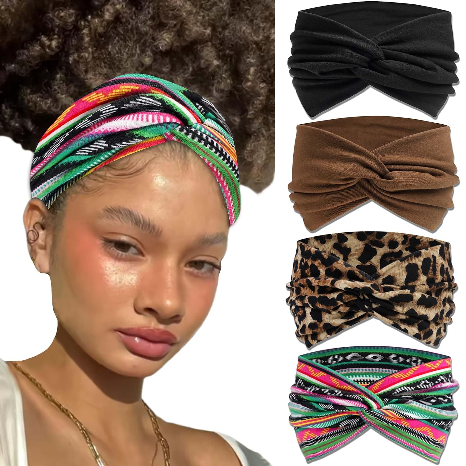 Asian Boho Headbands For Women Wide Leopard Print Hair Bandana 4Pcs