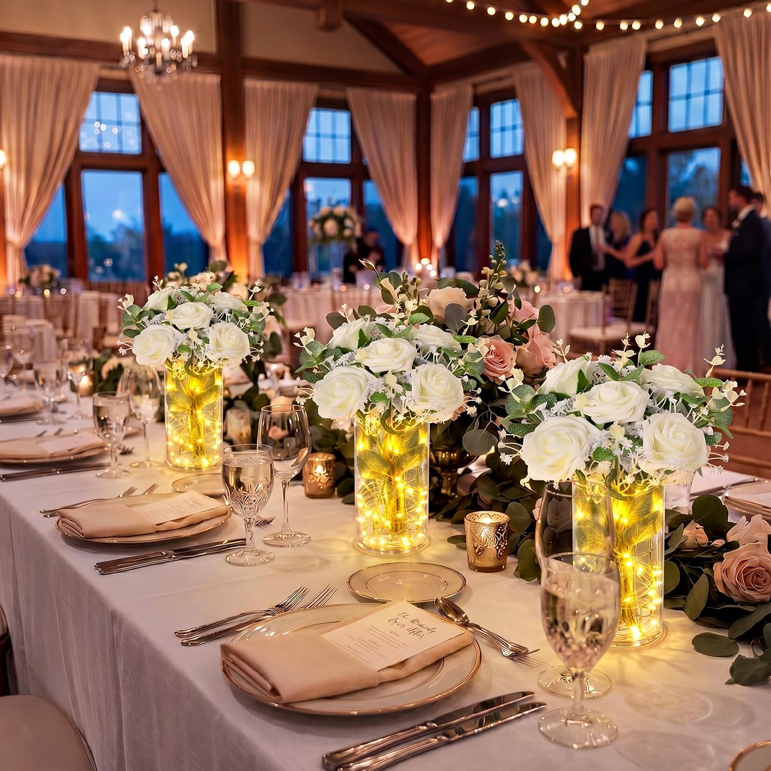 Domensi Set of 6 LED Lighted Floral Table Centerpieces, Faux Roses, Eucalyptus & Baby's Breath in Acrylic Vase, Glowing Rustic Wedding Decor for Bridal Shower, Party & Dining Table(White) - Image 4