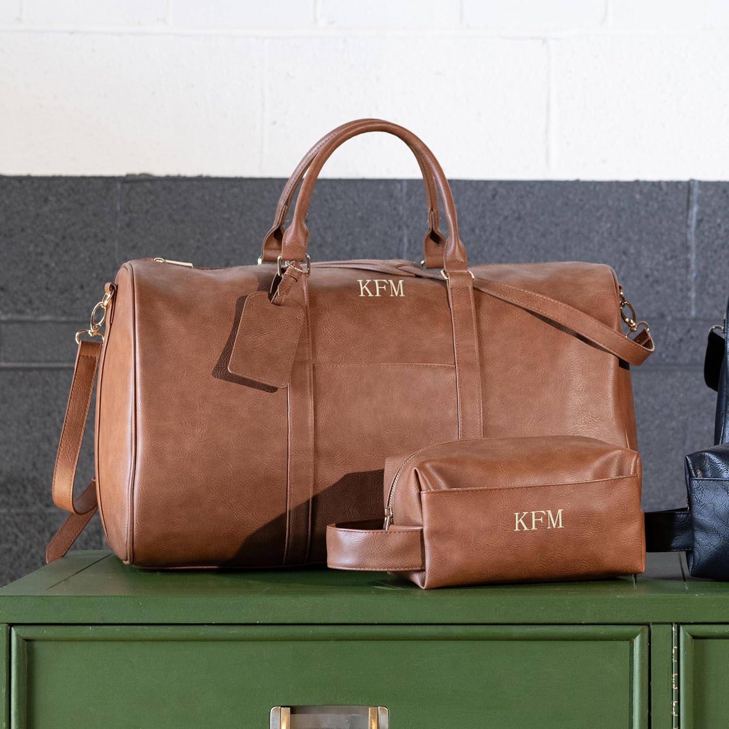 Personalized Vegan Leather Duffel Bag, Custom Monogrammed Weekender, 37L, Brown or Black, Groomsmen Gift (Brown, Duffle Bag + Dopp Kit) - Image 4