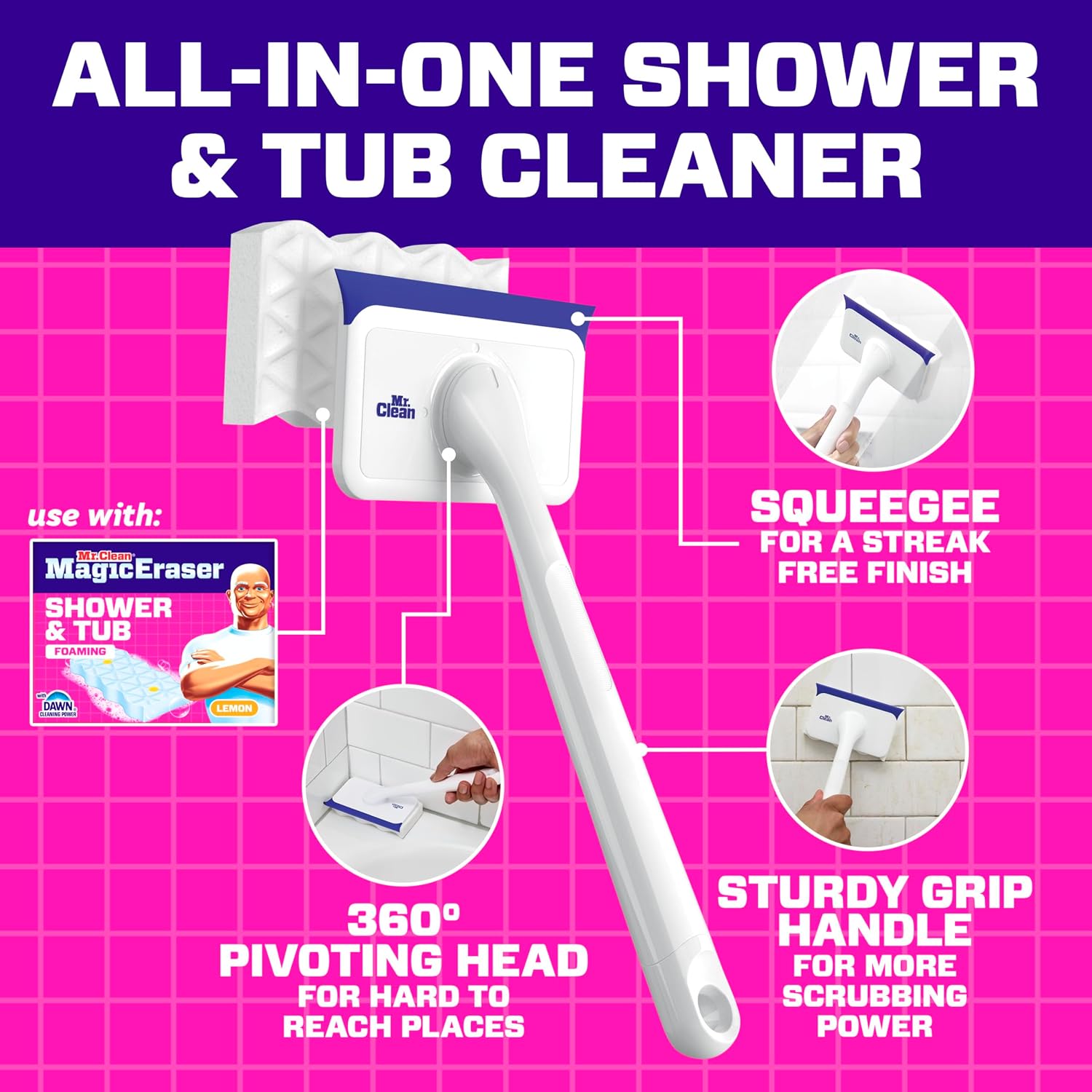 Mr. Clean Magic Eraser Shower & Tub Scrubber, Bathroom Cleaner, All in One Bathroom Cleaner, Lemon Starter Kit, 1 Scrubber & 2 Foaming Magic Erasers - Image 8