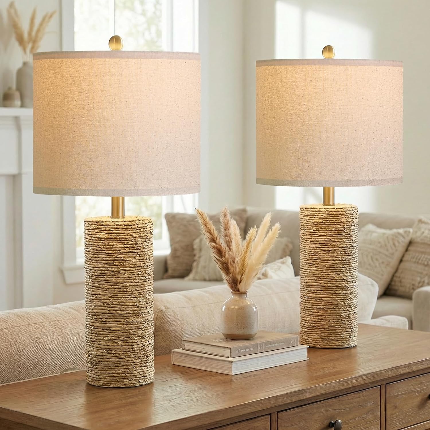 BOBOMOMO Boho Lamps Set of 2, 25.5" Coastal Farmhouse Bedside Lamps, Resin Woven Rattan-Look Nightstand Lamps with Linen Shade & Rotary Switch for Bedroom Living Room Home Decor