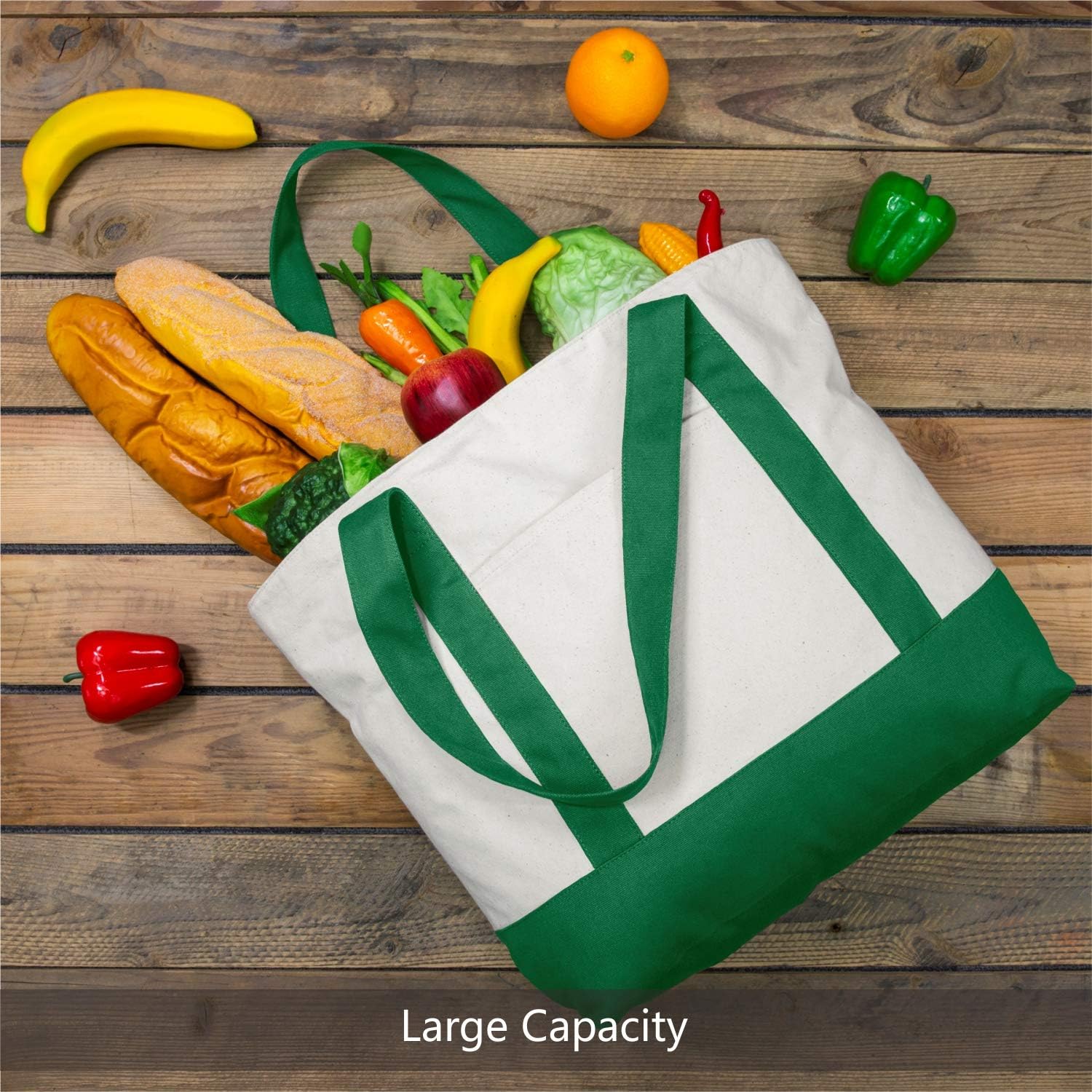 TOPDesign 1-Pack Canvas Tote Bag with an External Pocket, Reusable Grocery Shopping Bag, Top Zipper Closure, Daily Essentials (Green/Natural) - Image 4