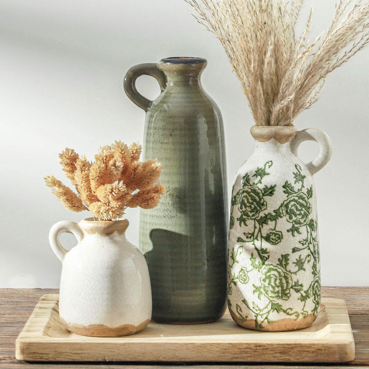 Vintage Vase Set of 3 with Handle, Ceramic Vintage Rustic Vases Home Decor Farmhouse Decorative Vase Pottery Decor Modern for Table Mantel Entryway Bookshelf Living Room Kitchen Bedroom - Green