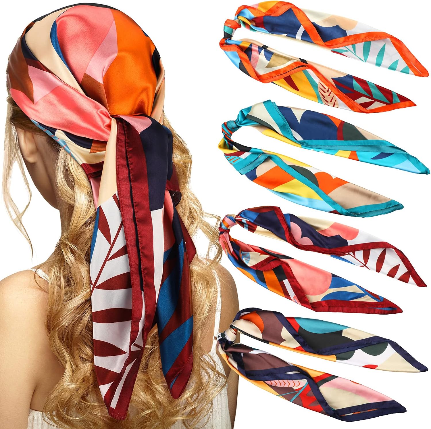 Newcotte 4 Pcs Silk Scarf Square Satin Head Bandana Floral, Classic