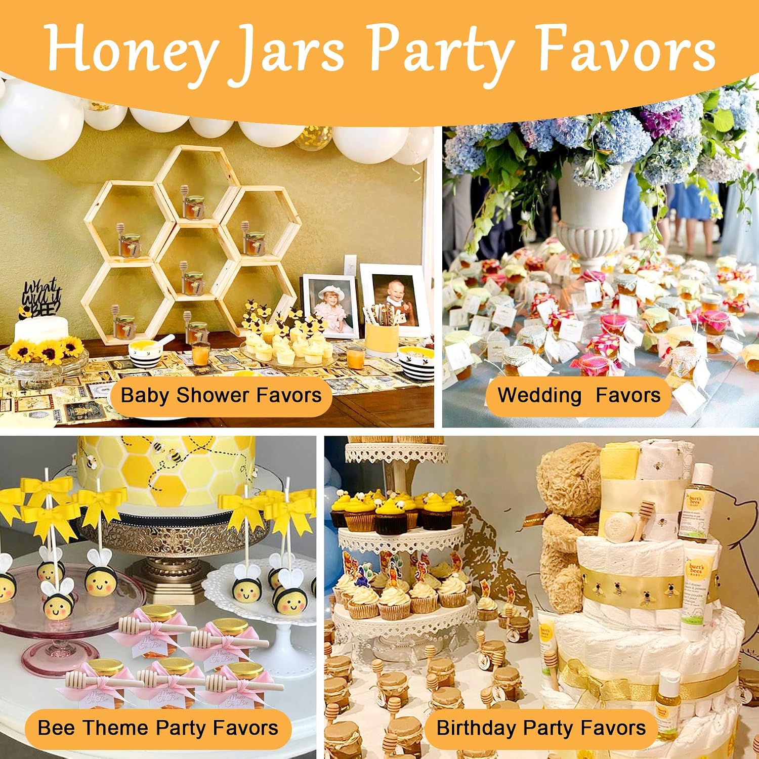 Aliggbent 48 Pack Mini Honey Jars Party Favors in Bulk, 1.5 oz Small Hexagon Glass Honey Jars with Dippers, Lids, Cute Stickers, Bee Charms, Gift Bags and Jute for Baby Showers, Weddings & Birthdays - Image 3