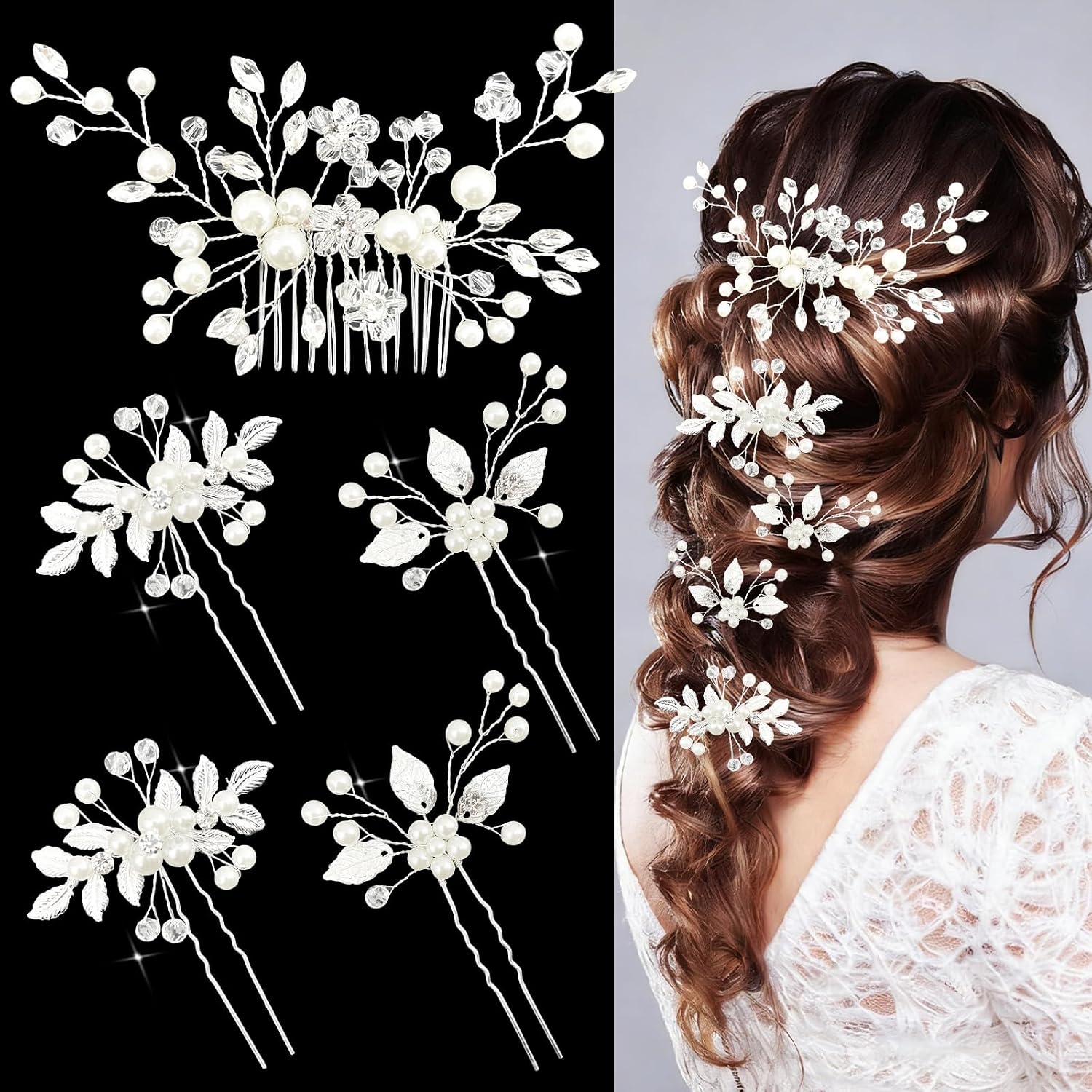 5 Pcs Silver Bridal Hair Accessorie...