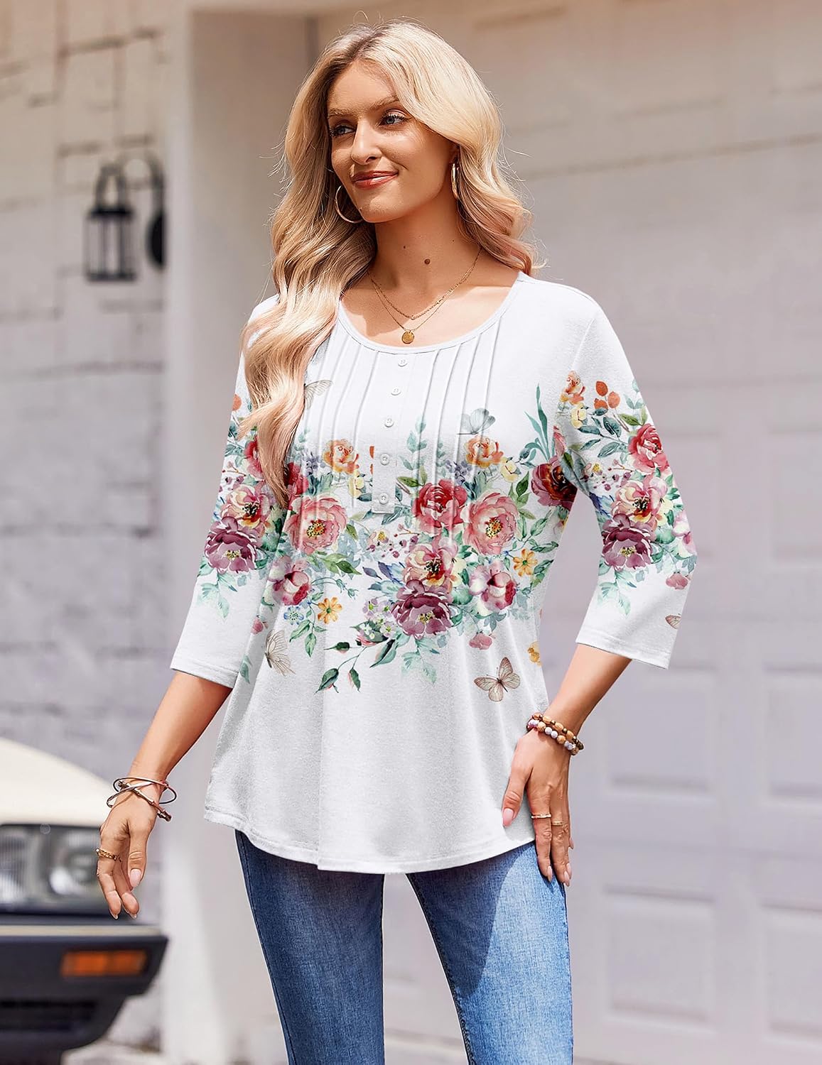 Zeagoo 3/4 Length Sleeve Womens Tops Round Neck Casual Summer Tunic Tops Basic Tees Blouses Dressy T-Shirts Pleated Shirts - Image 3
