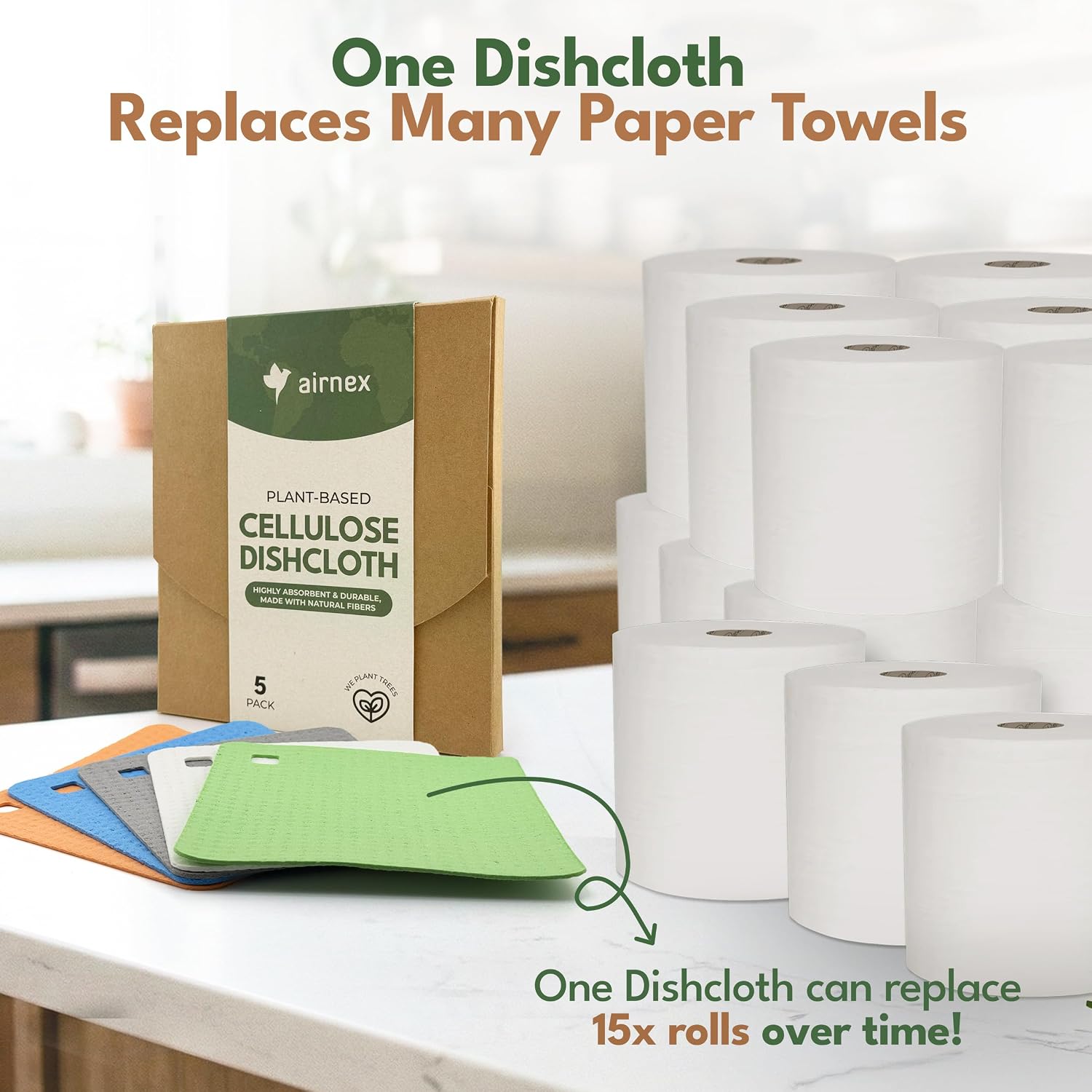 AIRNEX 5 Pack Cellulose Swedish Dishcloths for Kitchen - Eco-Conscious Reusable Dish Towels & Cloths - Super Absorbent, Odor Resistant and Fast Drying Wash Cloths for Dishes & Surfaces - Image 7