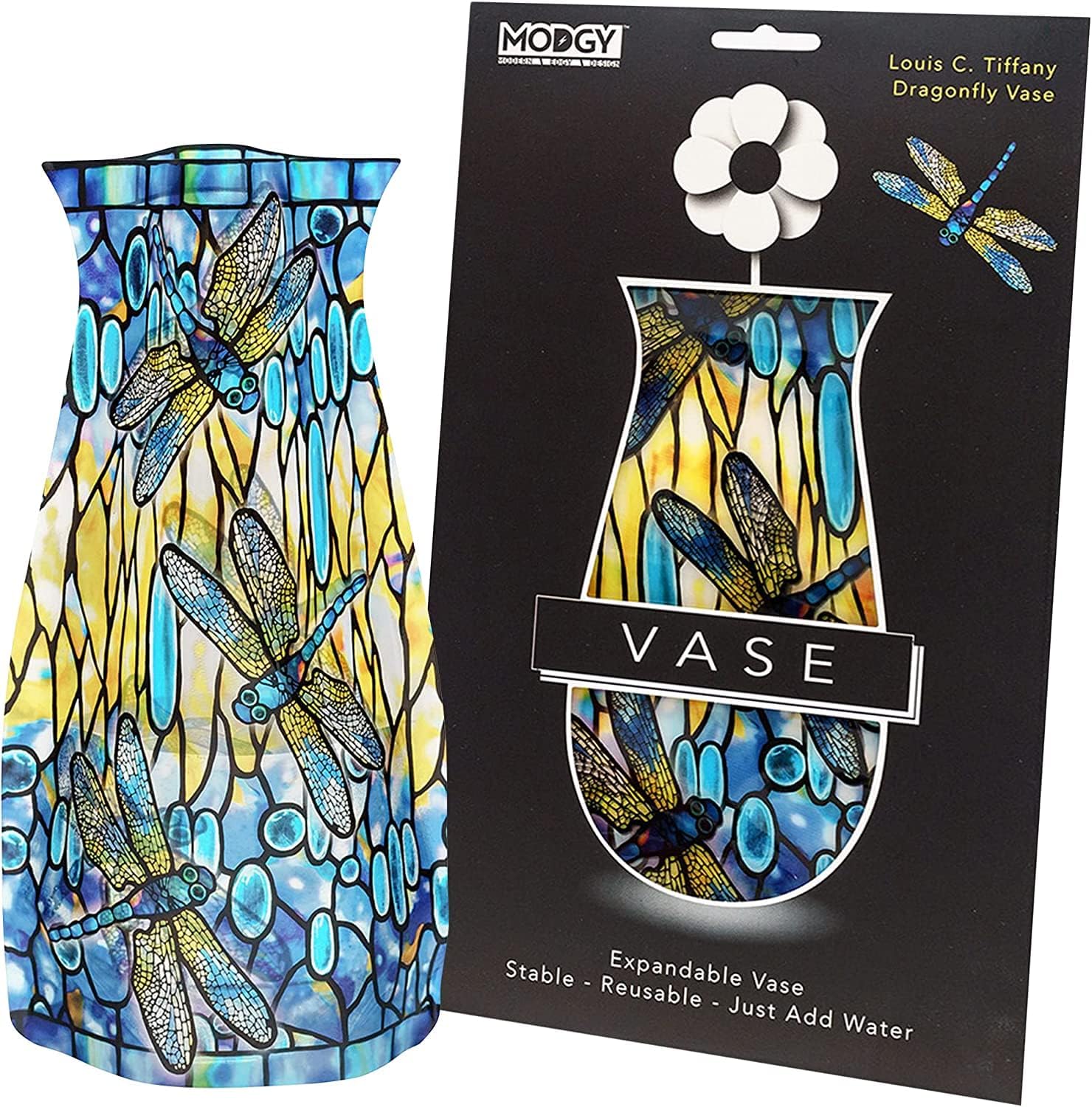 MODGY Collapsible and Expandable Plastic Flower Vase, Unbreakable, Foldable, Decorative Modern Centerpieces, Table Decorations, Louis C. Tiffany Dragonfly, 1 Pack