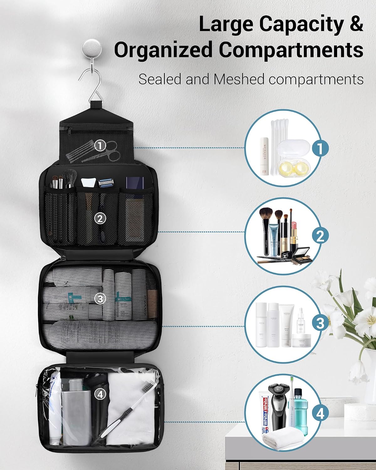 Maliton Toiletry Bag for Men & Women Travel Toiletry Bag Hanging Toiletry Bag Hygiene Bag with 4 Compartments Waterproof Bathroom Shower Bag for Traveling(Black) - Image 2