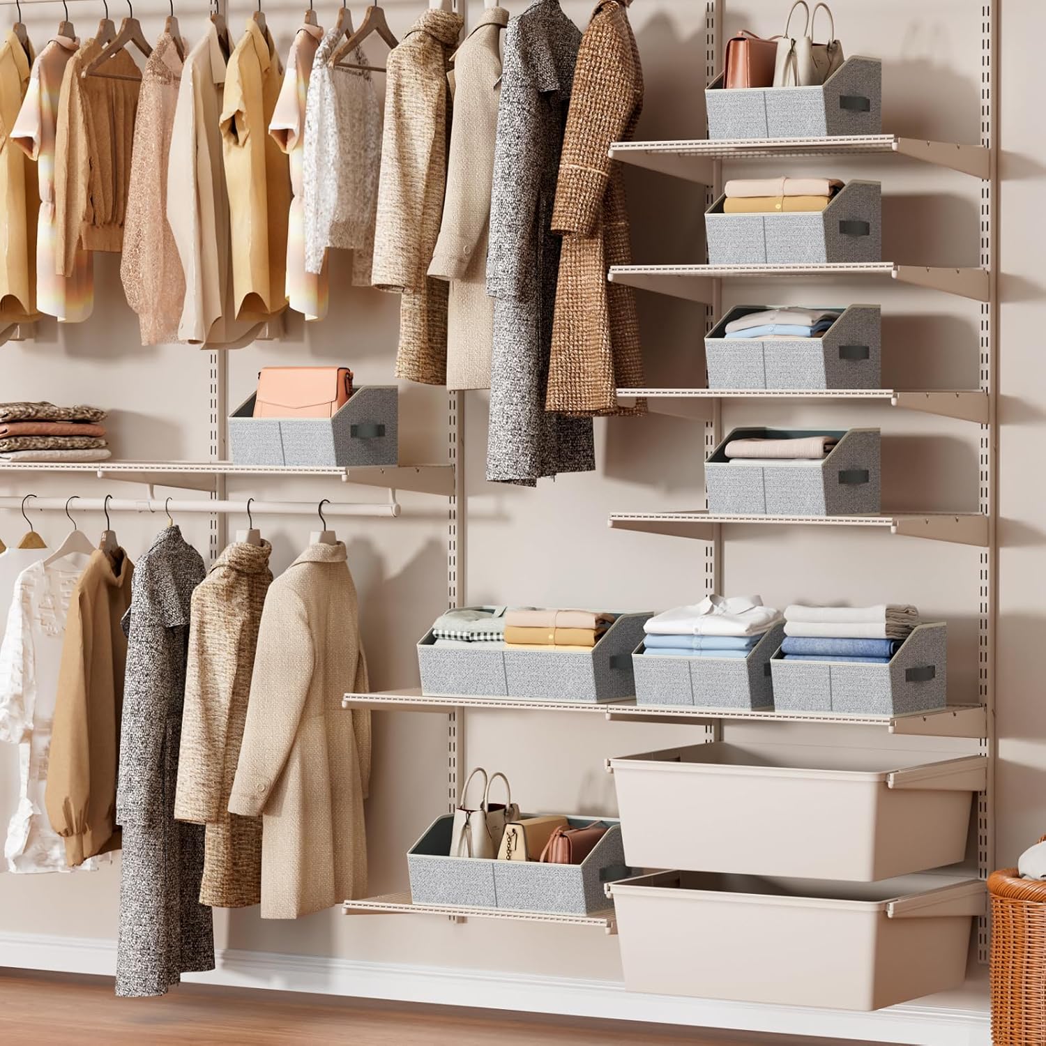Homsorout Closet Organizers Bins 6 Packs - Large Closet Shelf Organizer with Handles, Fabric Trapezoid Storage Bins, Collapsible Storage Cubes for Clothes, Towels, Light Gray - Image 2