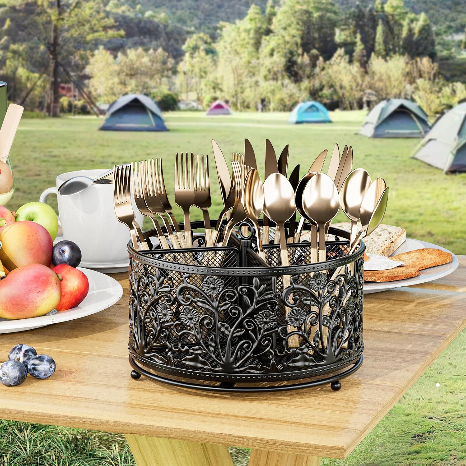 YIUKEA 360° Rotating Flatware Caddy - 4 Compartments Metal Mesh - Image 4