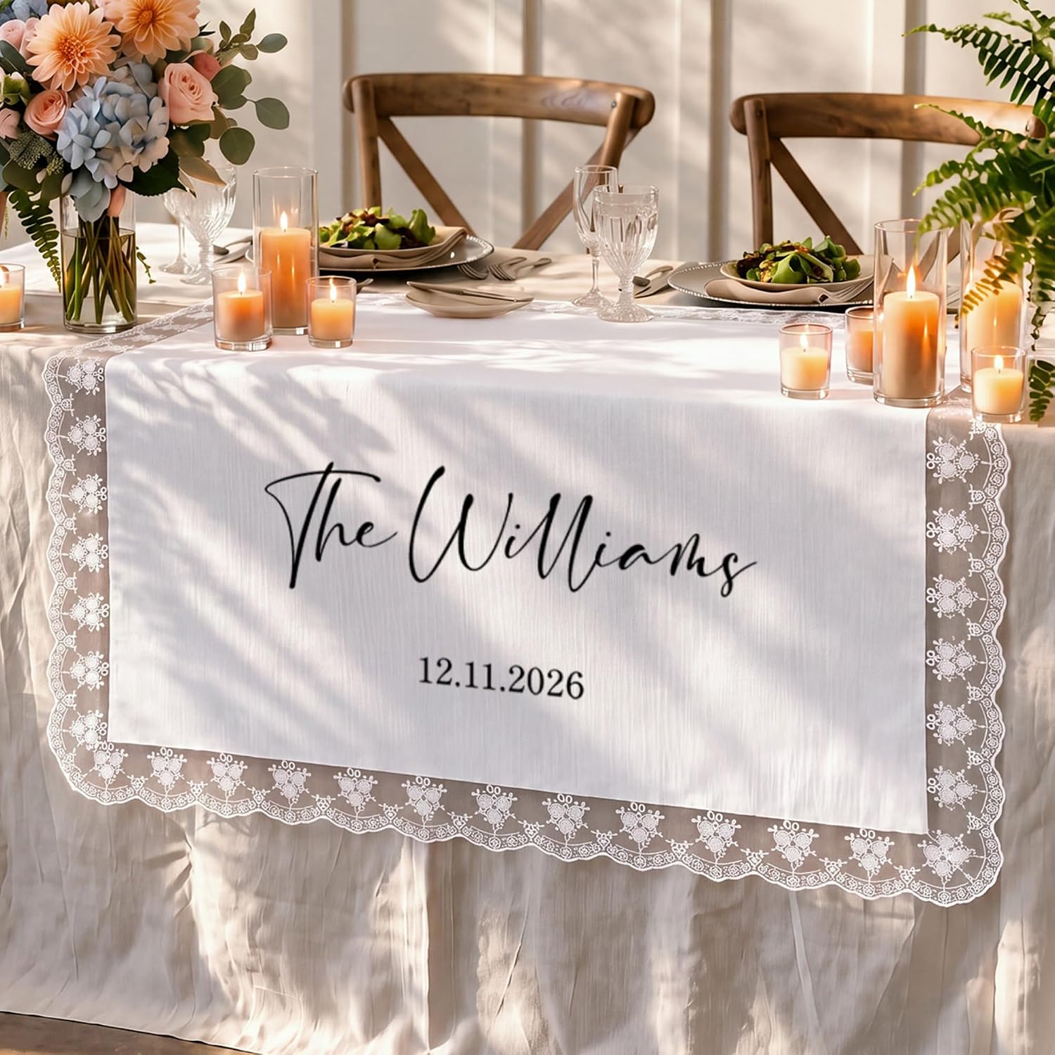 Personalized Wedding Table Runner with Lace Trim DIY Heat Transfer